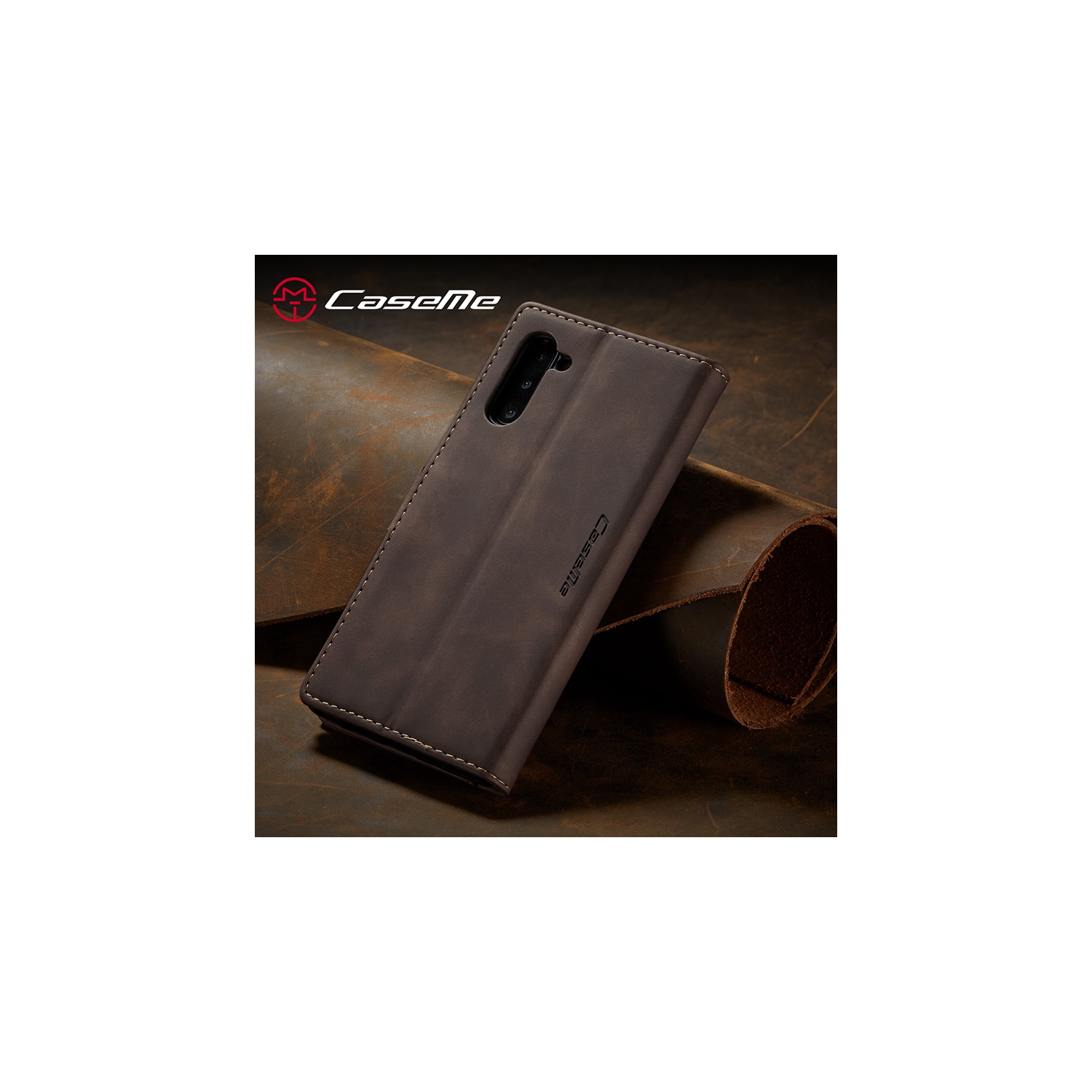 CASEME Retro Handmade Leather Wallet Case with Card Slot & Magnetic Closure for Samsung Galaxy Note 10 Plus - Coffee