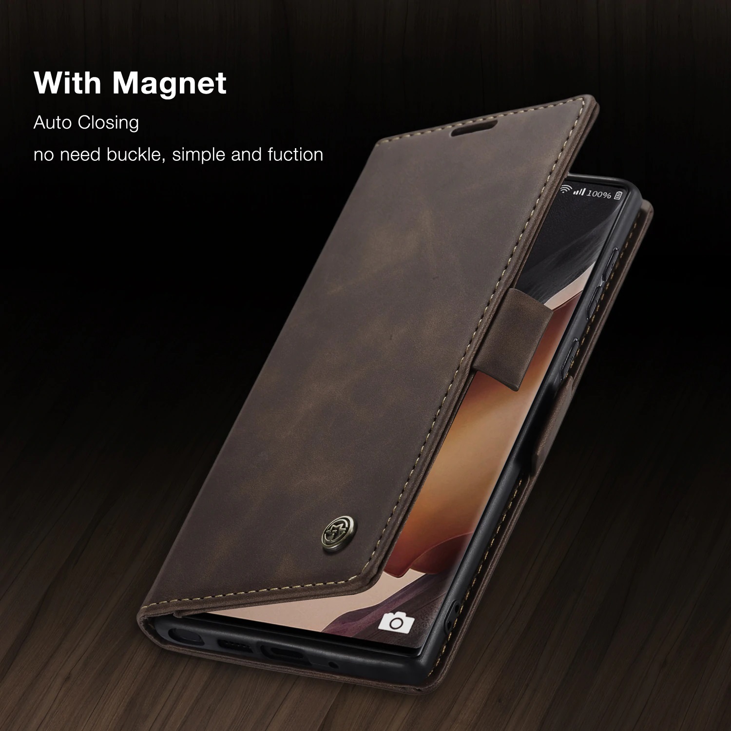 CASEME Retro Handmade Leather Wallet Case with Card Slot & Magnetic Closure for Samsung Galaxy Note 10 Plus - Coffee