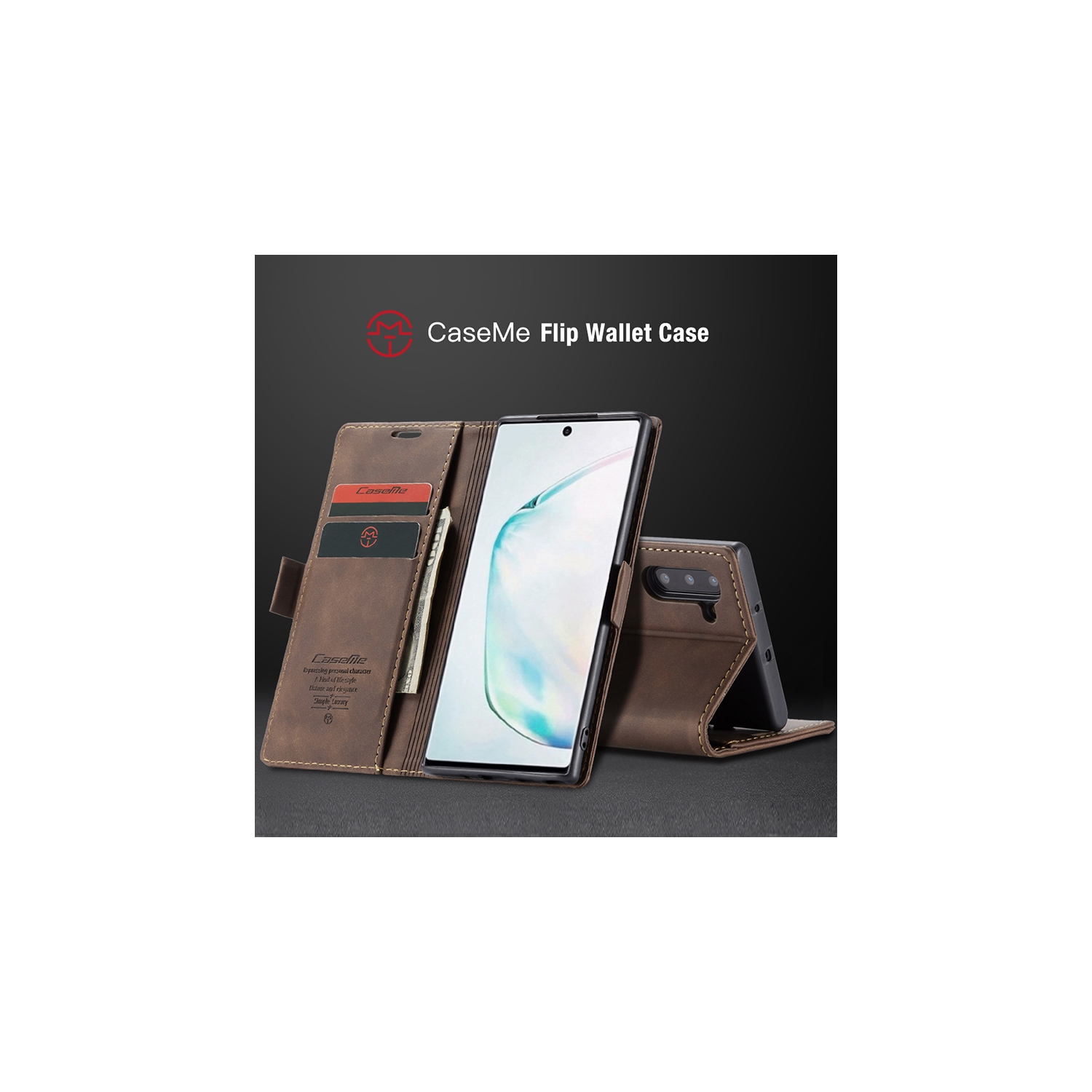 CASEME Retro Handmade Leather Wallet Case with Card Slot & Magnetic Closure for Samsung Galaxy Note 10 Plus - Coffee