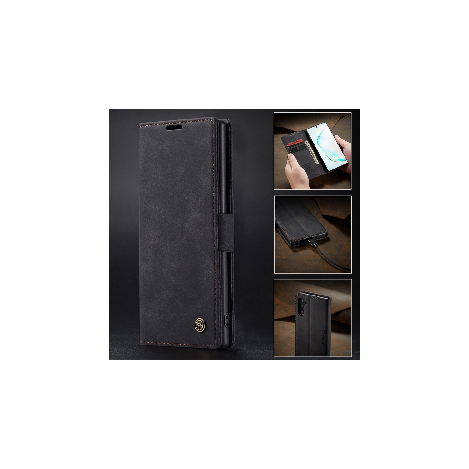 CASEME Retro Handmade Leather Wallet Case with Card Slot & Magnetic Closure for Samsung Galaxy Note 10 Plus - Coffee