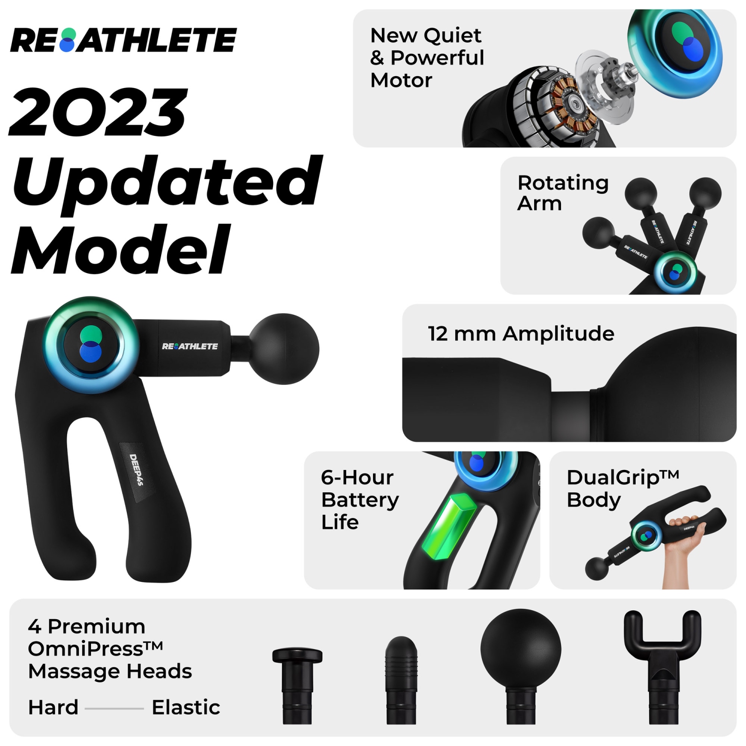 REATHLETE DEEP4S Percussive Therapy Device – Massage Gun for Athletes – Handheld, Wireless Deep Tissue Massage – Ideal for Back, Shoulder, Arms,