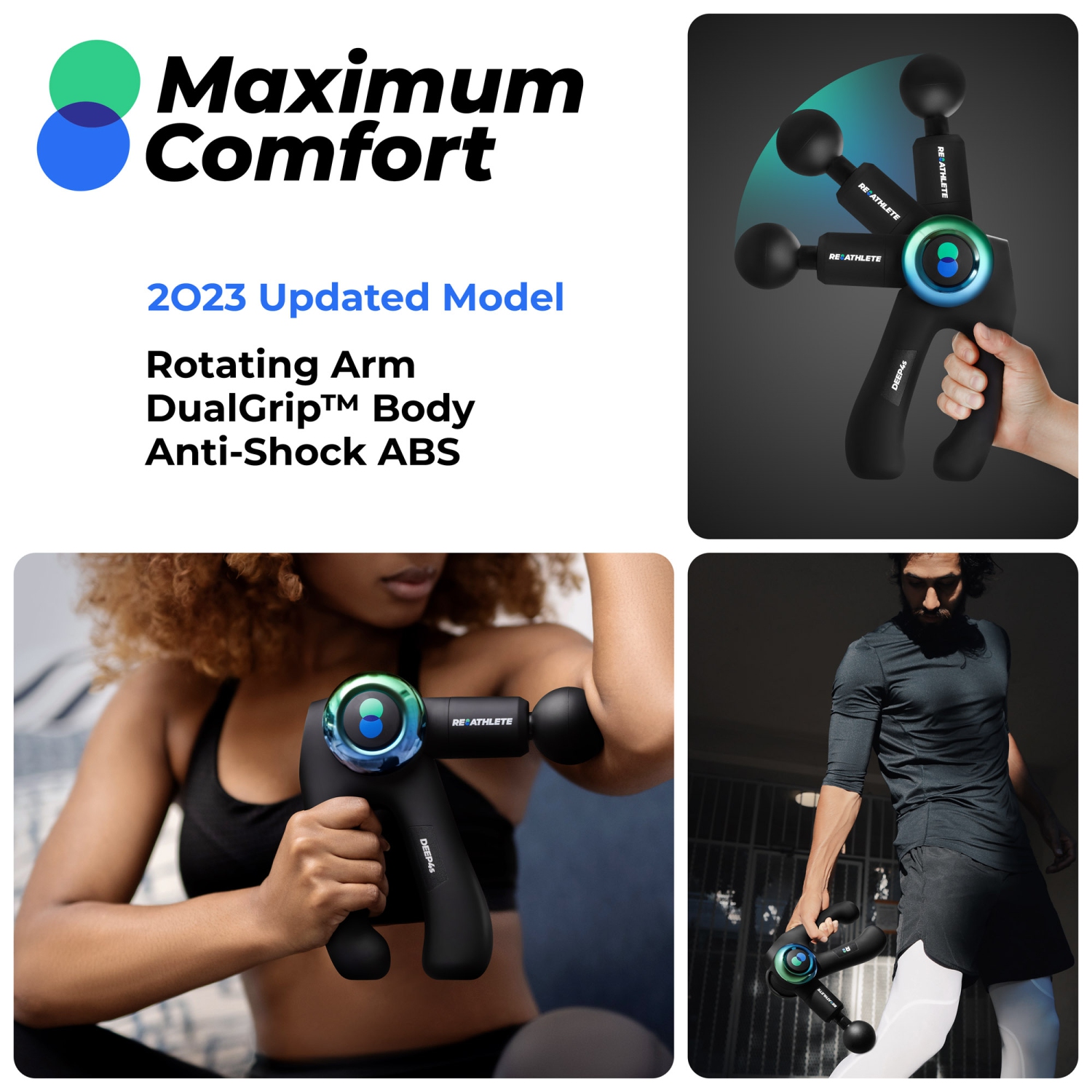 REATHLETE DEEP4S Percussive Therapy Device – Massage Gun for Athletes – Handheld, Wireless Deep Tissue Massage – Ideal for Back, Shoulder, Arms,