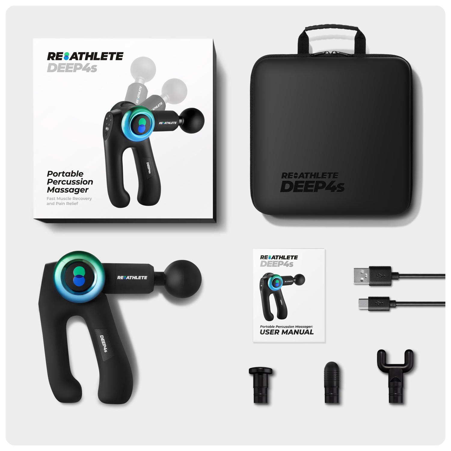 REATHLETE DEEP4S Percussive Therapy Device – Massage Gun for Athletes – Handheld, Wireless Deep Tissue Massage – Ideal for Back, Shoulder, Arms,
