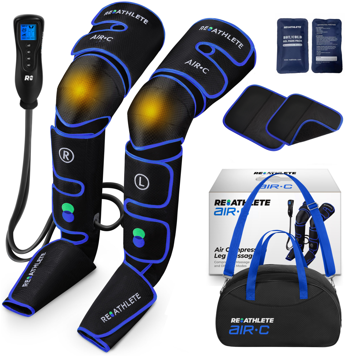 Reathlete Leg Massager, Air Compression for Circulation Calf Feet Thigh Massage, Muscle Pain Relief, Sequential Boots Device with Handheld Controller with Knee Heat/Cold Function