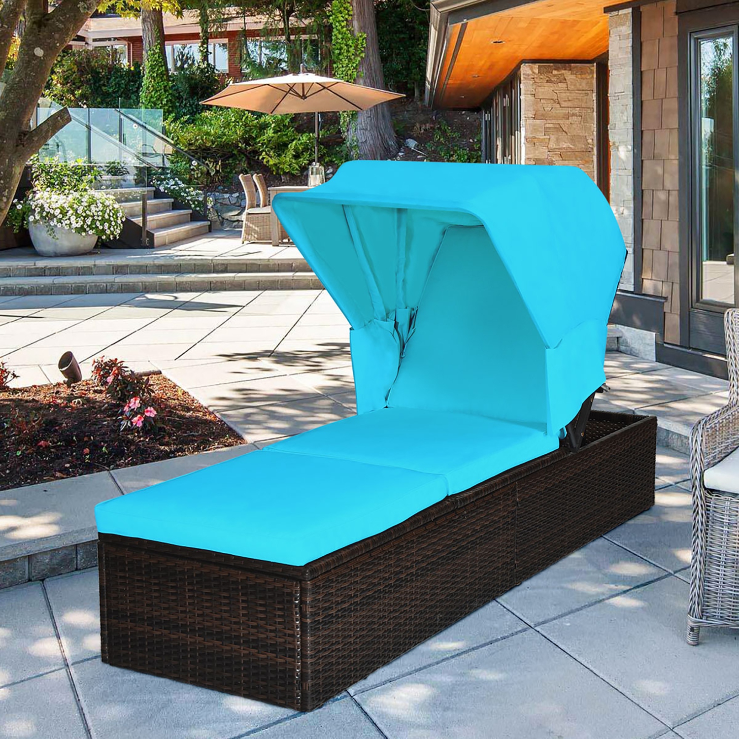 Costway Patio Rattan Lounge Chair Chaise Cushioned Top Canopy Adjustable Turquoise