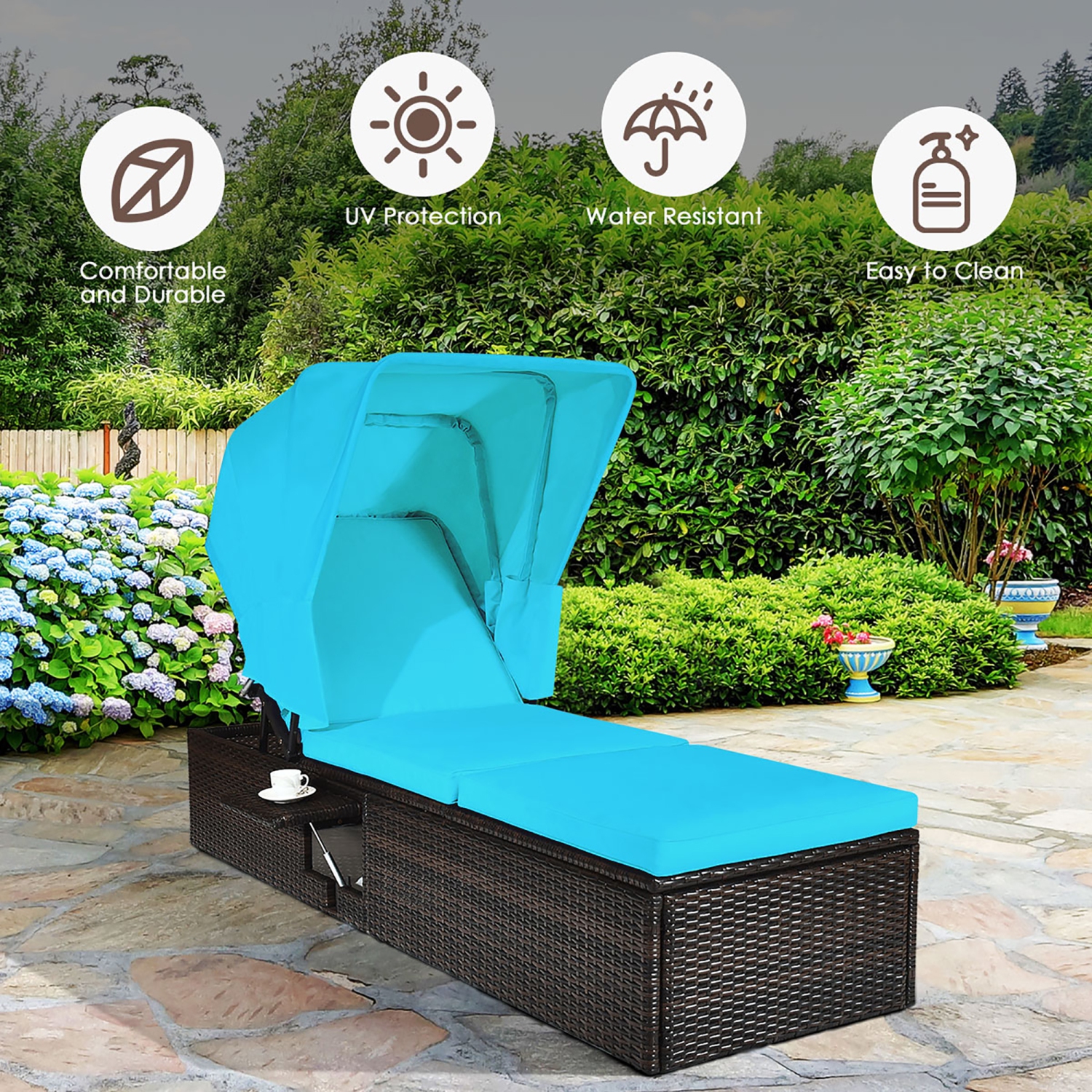 Costway Patio Rattan Lounge Chair Chaise Cushioned Top Canopy Adjustable Turquoise