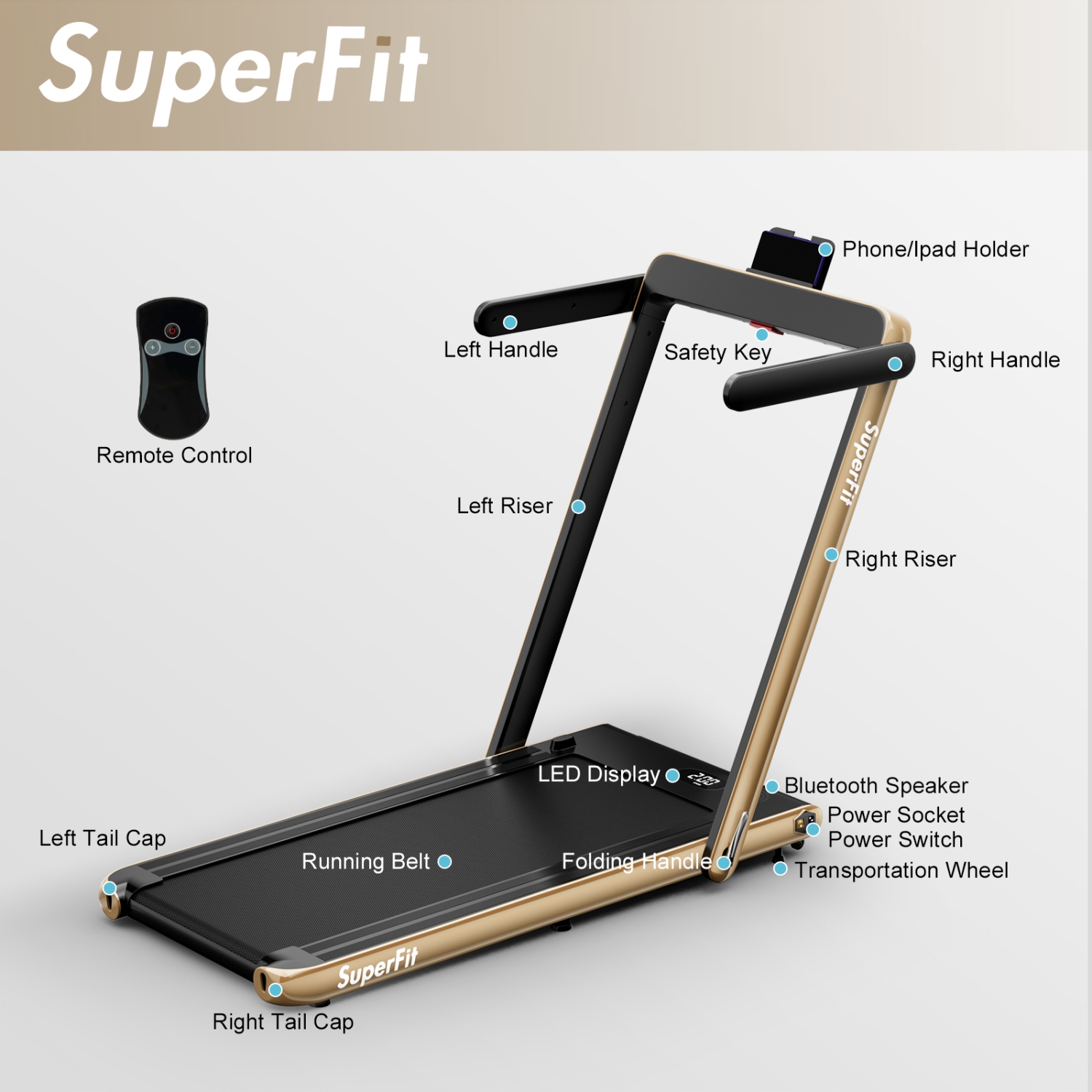 SuperFit 2.25HP 2 in 1 Folding Treadmill W/ APP Control Speaker Remote Control
