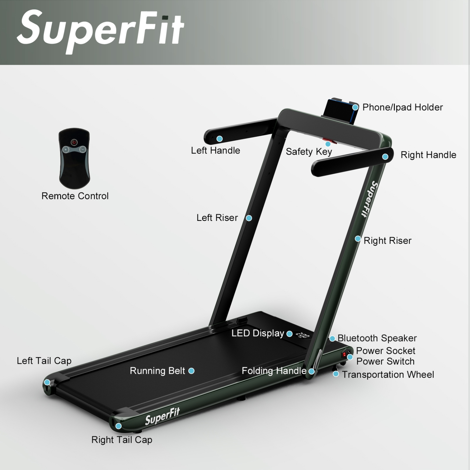 Tapis roulant repliable 2-en-1 2,25 CV de SuperFit avec télécommande à haut-parleur par APPLICATION