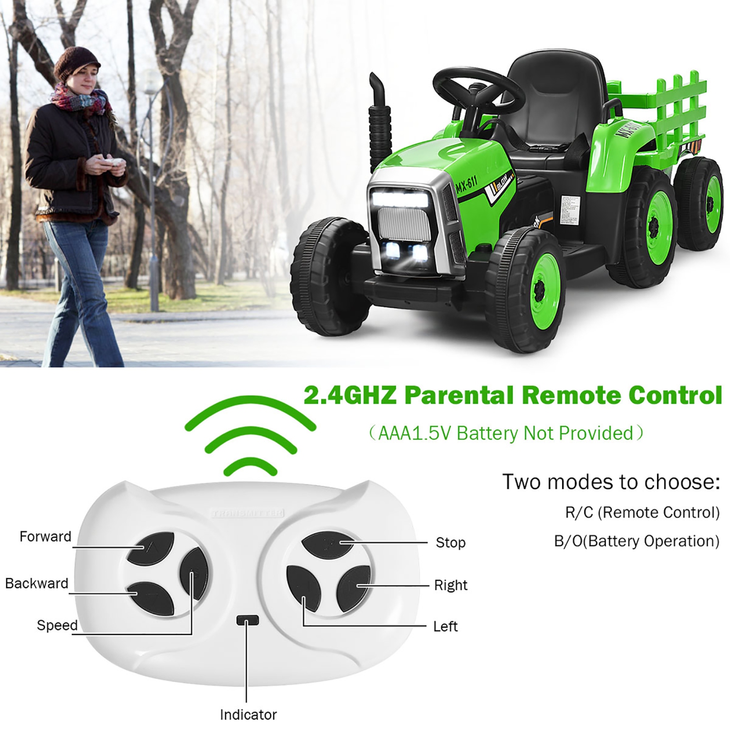 COSTWAY Tracteur Electrique 12V/10Ah pour Enfants 3-5 km/h avec Remorque  Télécommande 2,4G, MP3, USB,Pahres LED pour 3-8 Ans Vert