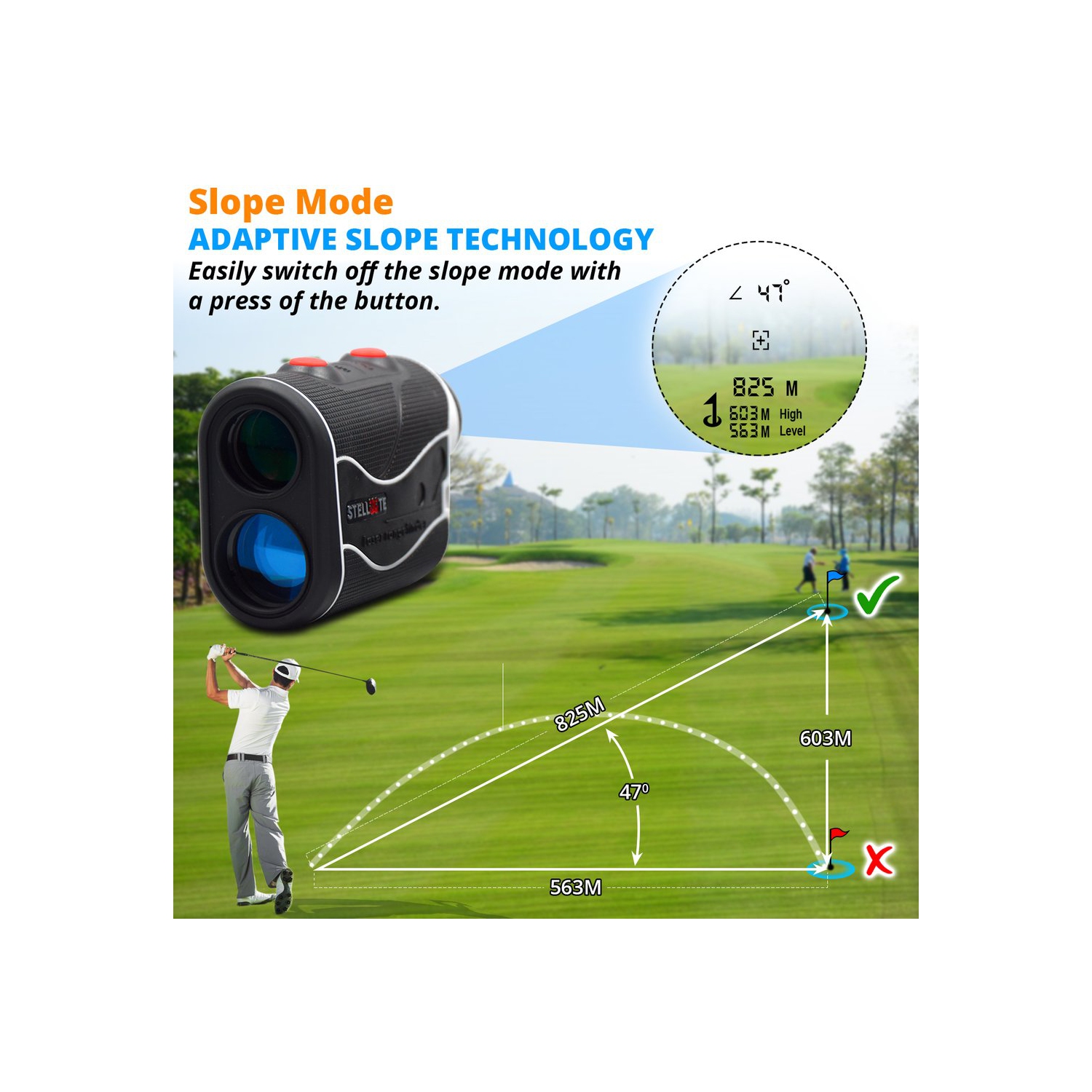 Télémètre de golf STELLATE avec technologie de réglage de la pente, verrou de drapeau, distance de 600 verges, Jolt