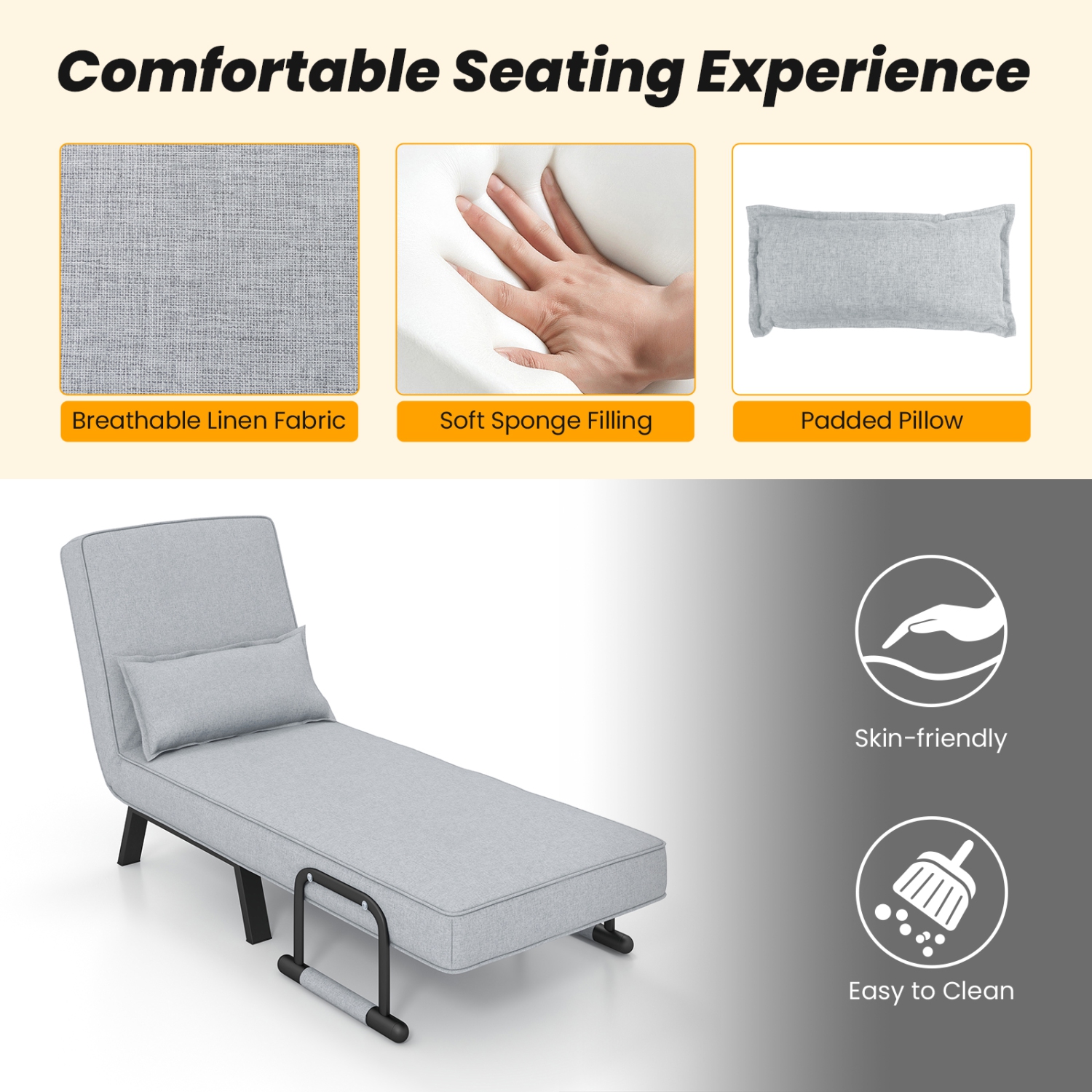 Costway Folding 5 Position Convertible Sleeper Bed Armchair Lounge w/ Pillow Light