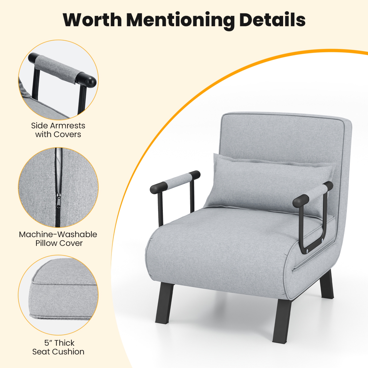 Costway Folding 5 Position Convertible Sleeper Bed Armchair Lounge w/ Pillow Light