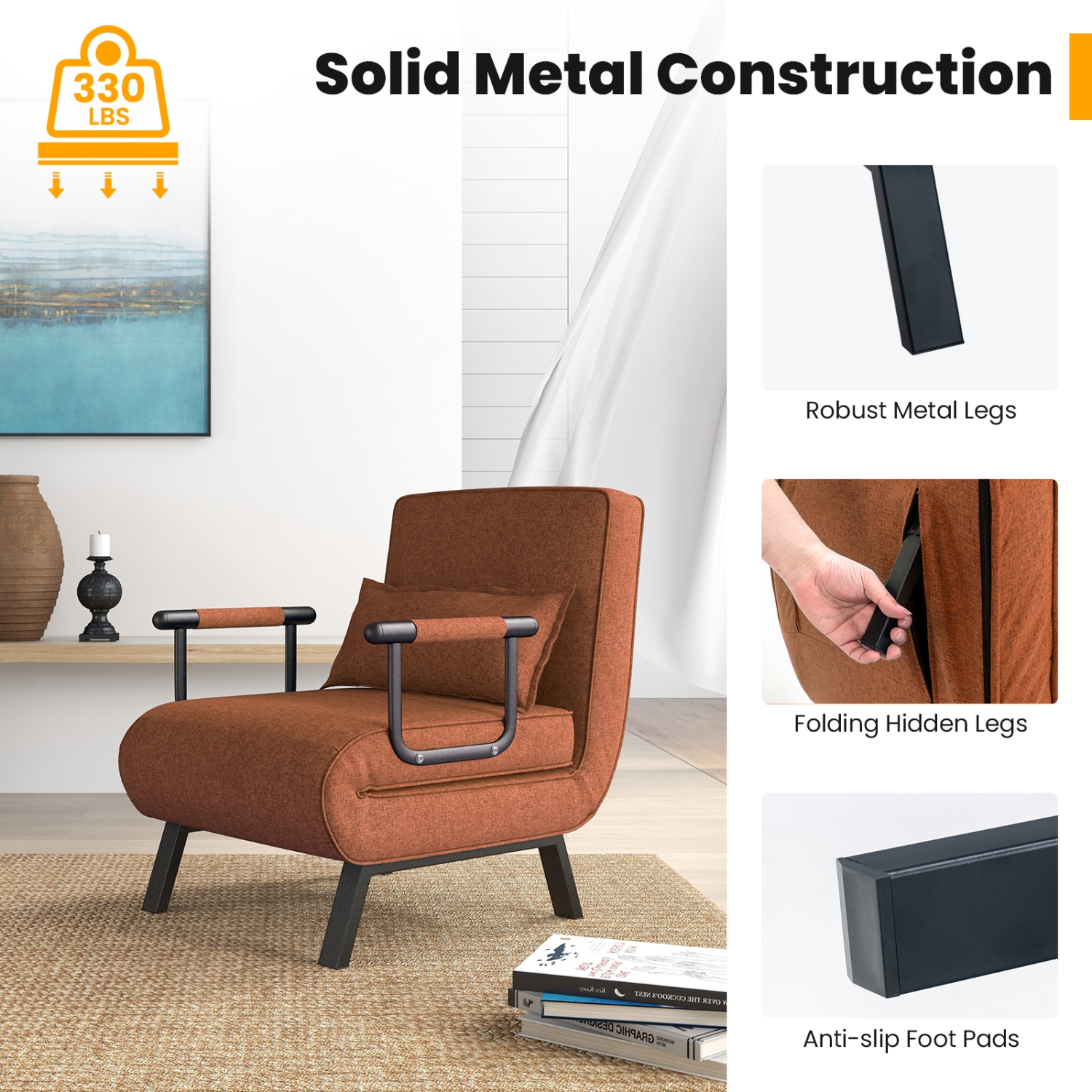 Costway Folding 5 Position Convertible Sleeper Bed Armchair Lounge w/ Pillow Light