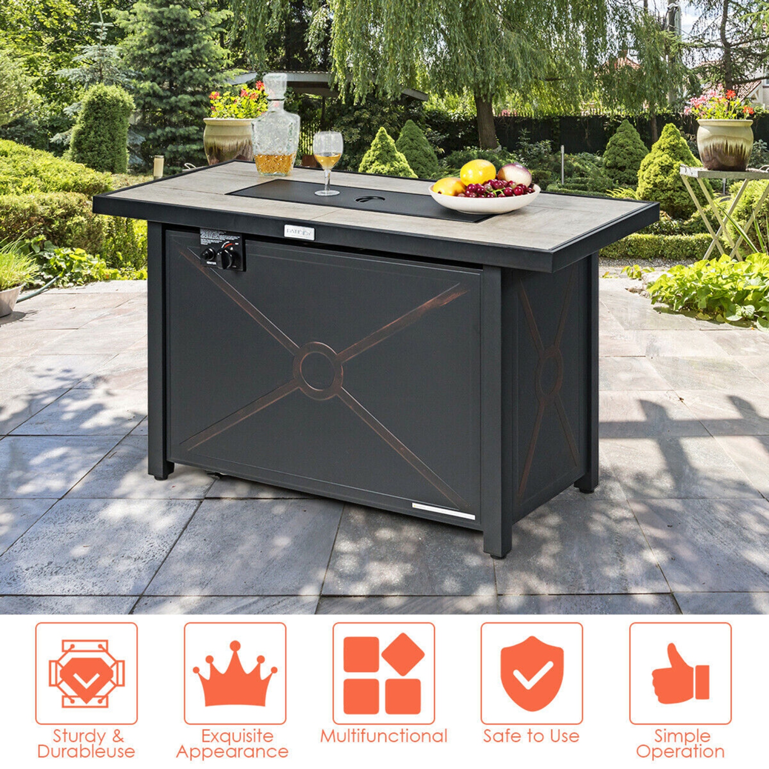 Gymax 42'' Rectangular Propane Gas Fire Pit 60,000 Btu Heater Outdoor Table W/ Cover