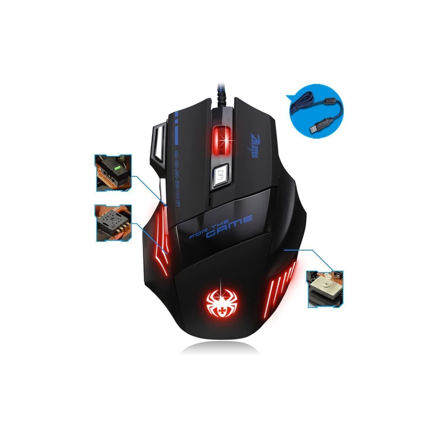 Souris de jeu WinGOMART T6 de ZELOTES Professional DEL optique 7200 ppp 7 boutons USB avec fil pour joueur, résolution réglable
