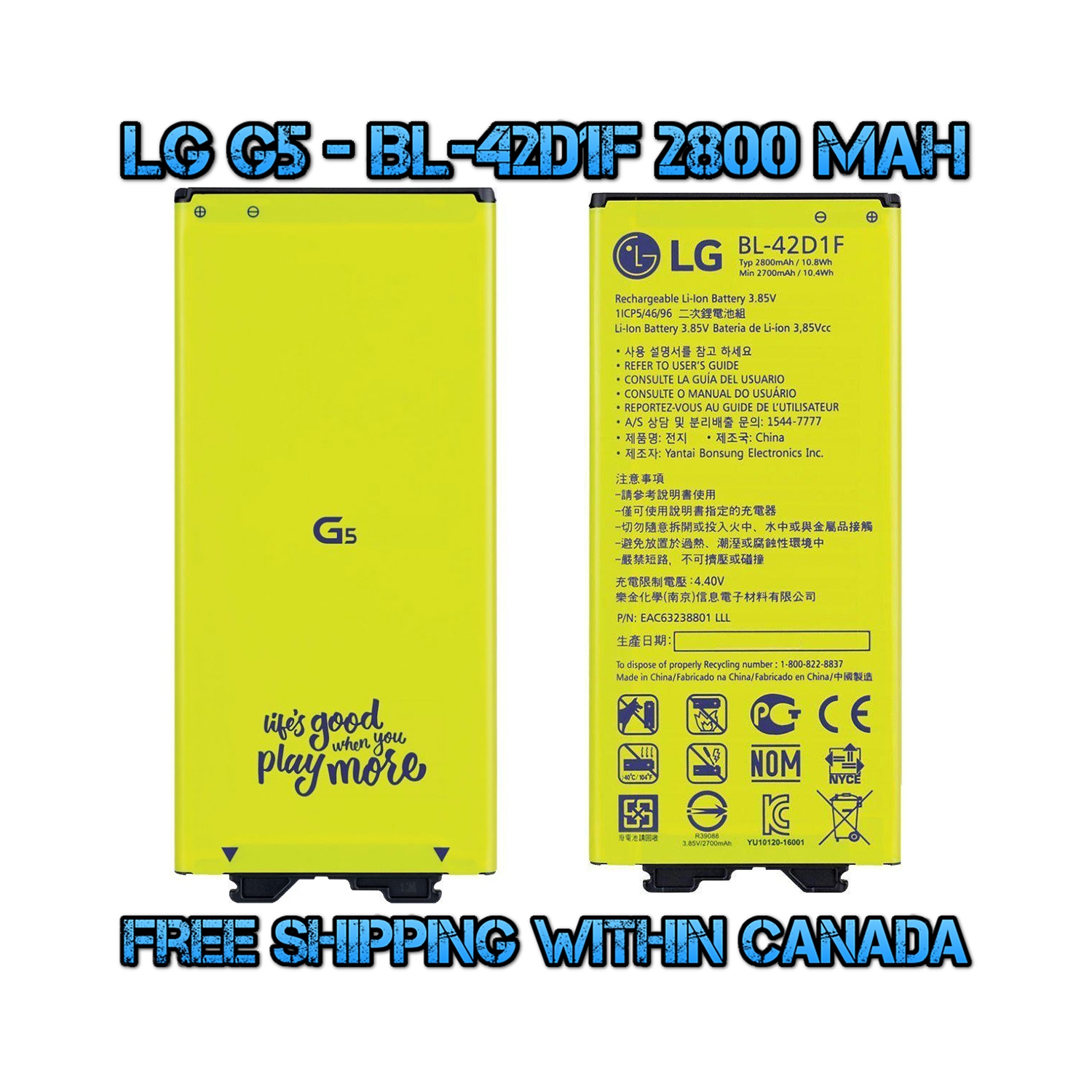 New OEM Replacement Battery Model BL-42D1F 2800 mAh for LG G5 H820 H831 H840 H850 H860 H868 - (FREE SHIPPING)