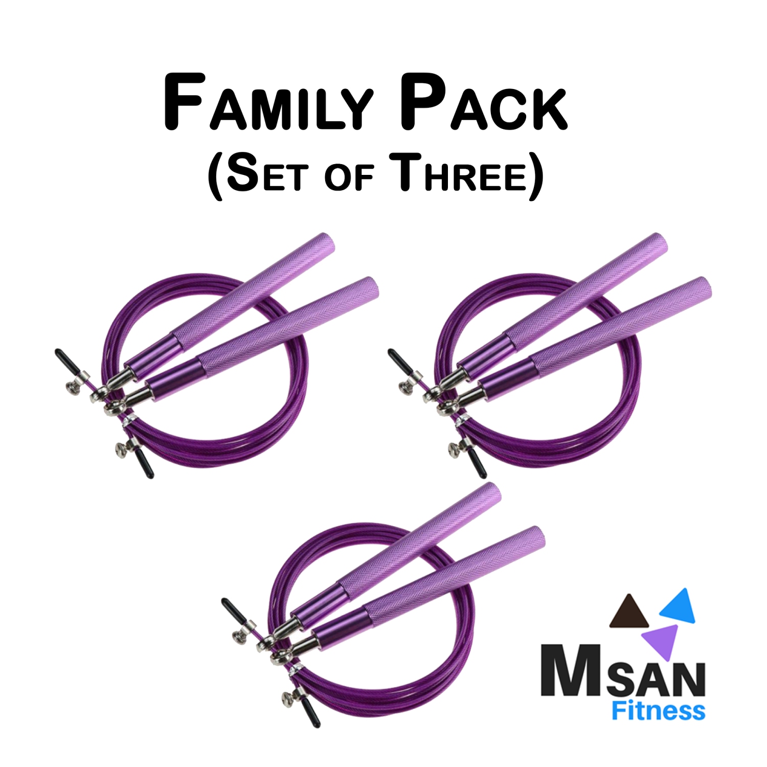 Three MSAN Fitness Premium Skipping Ropes with Aluminum Alloy Handles, Adjustable 3m Cable, Ultra-Smooth Ball Bearings & Anti Slip Handles. Perfect