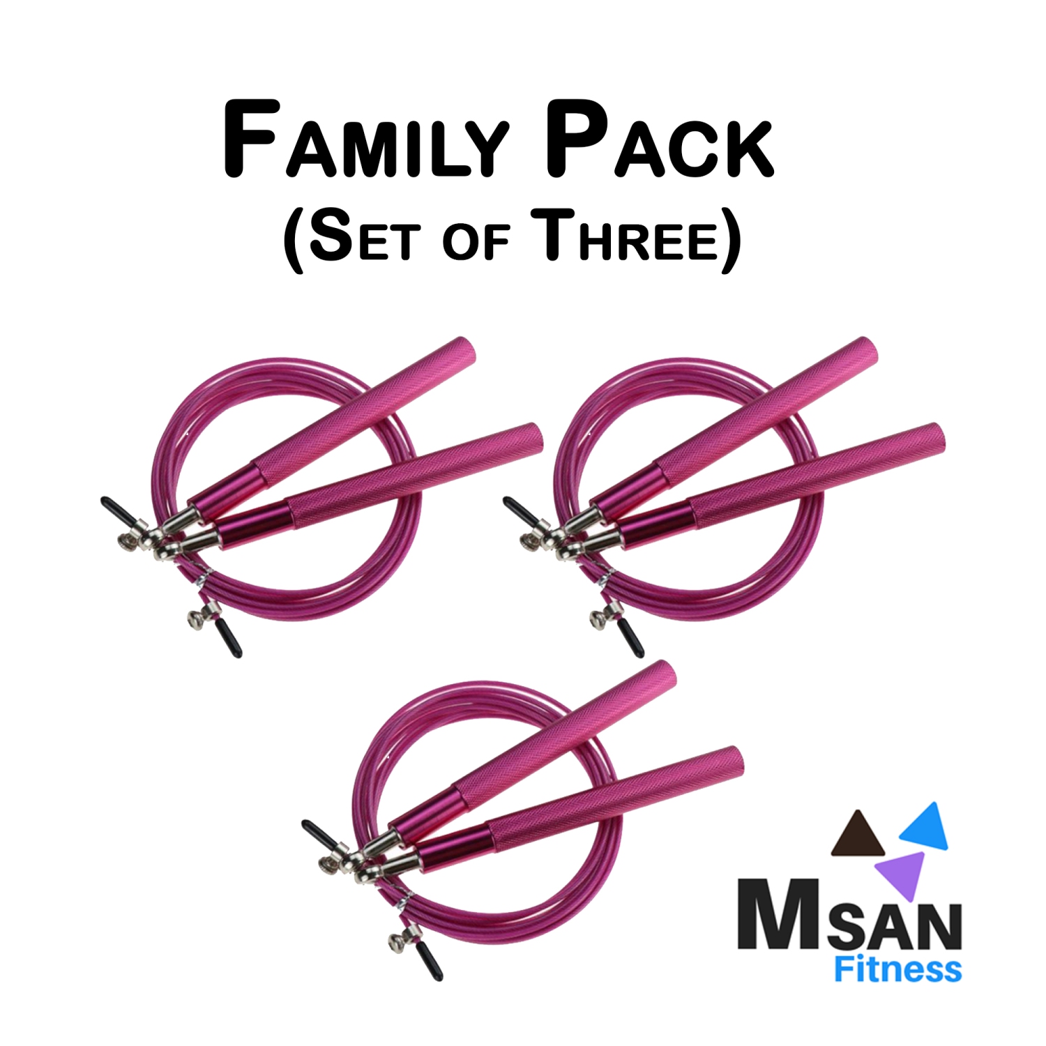 Three MSAN Fitness Premium Skipping Ropes with Aluminum Alloy Handles, Adjustable 3m Cable, Ultra-Smooth Ball Bearings & Anti Slip Handles. Perfect