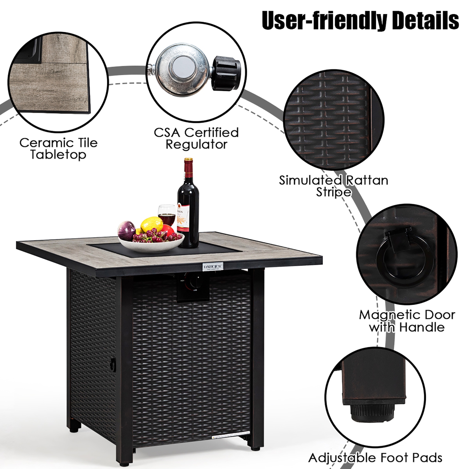 Costway 30" Square Propane Gas Fire Pit Table Ceramic Tabletop 50,000 BTU W/ Cover