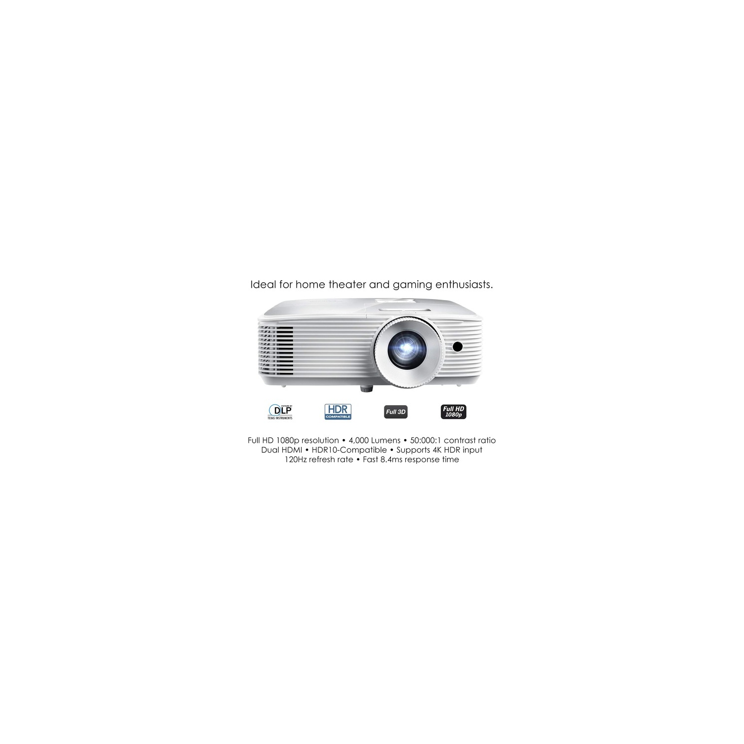 Optoma HD39HDR High Brightness HDR Home Theater Projector | 120Hz Refresh Rate | 4000 lumens | Fast 8.4ms Response time with 120Hz | Easy Setup with