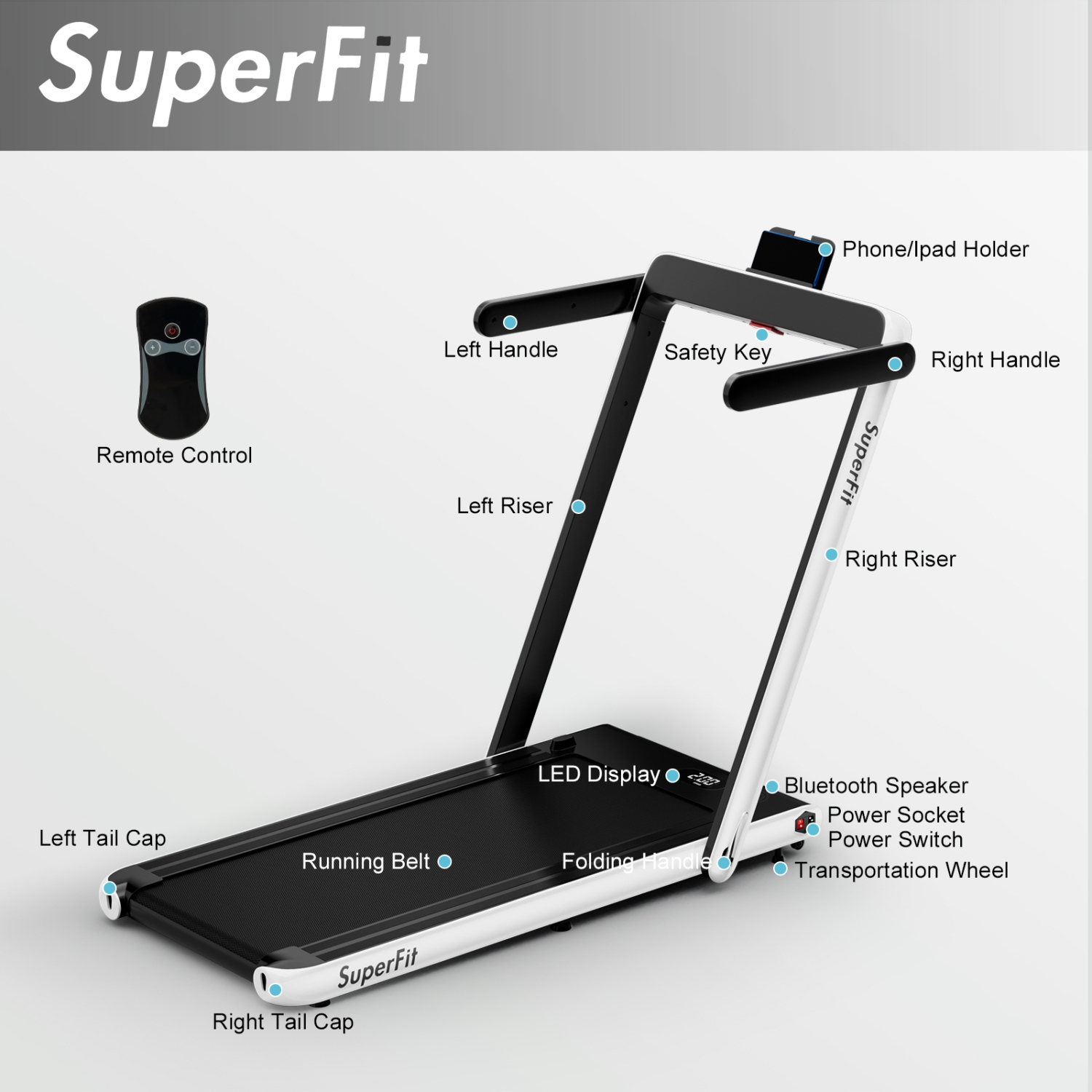 Tapis roulant repliable 2-en-1 2,25 CV de SuperFit avec télécommande à haut-parleur par APPLICATION