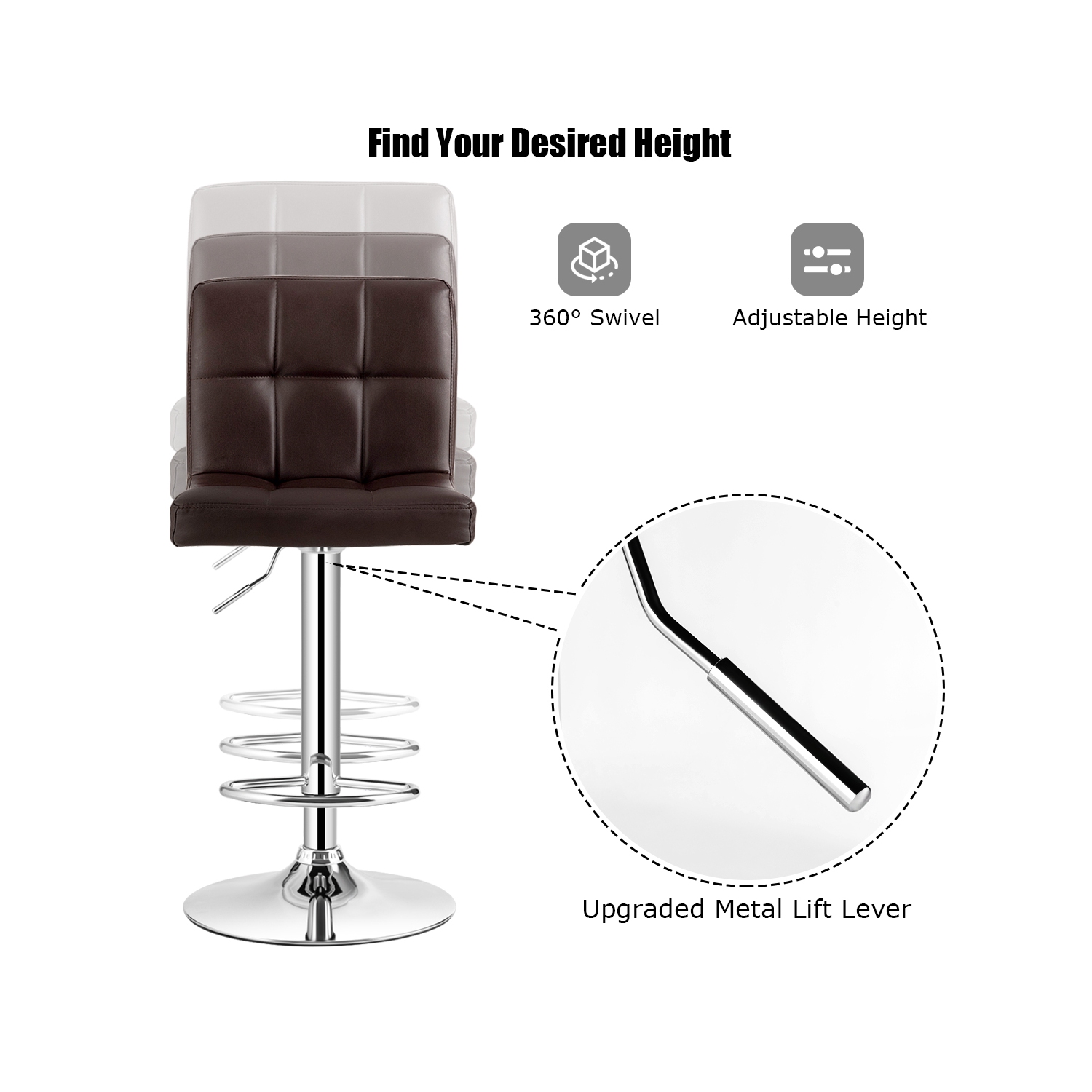 Costway Set of 2 Adjustable Bar Stools PU Leather Swivel Kitchen Counter Pub Chair