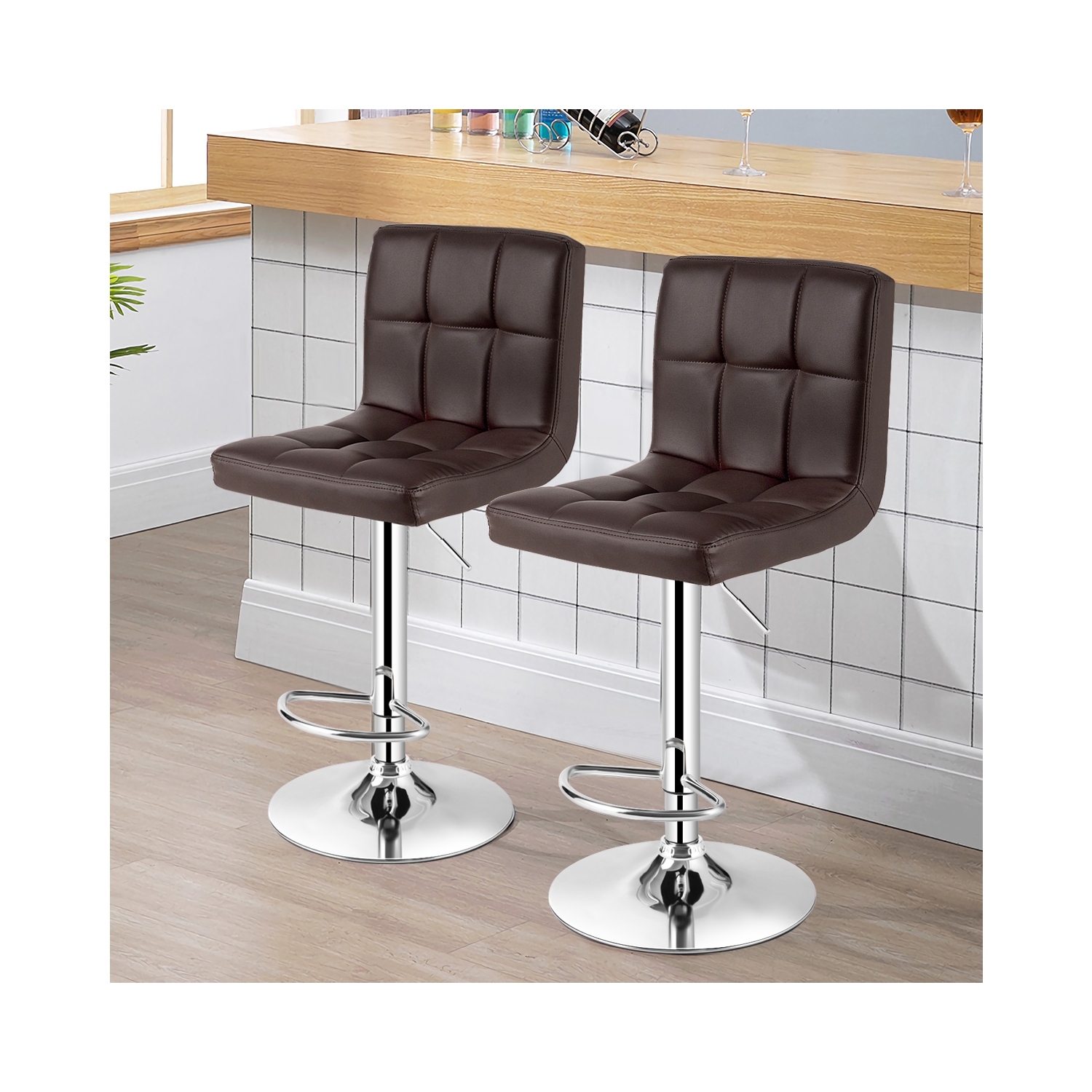 Costway Set of 2 Adjustable Bar Stools PU Leather Swivel Kitchen Counter Pub Chair