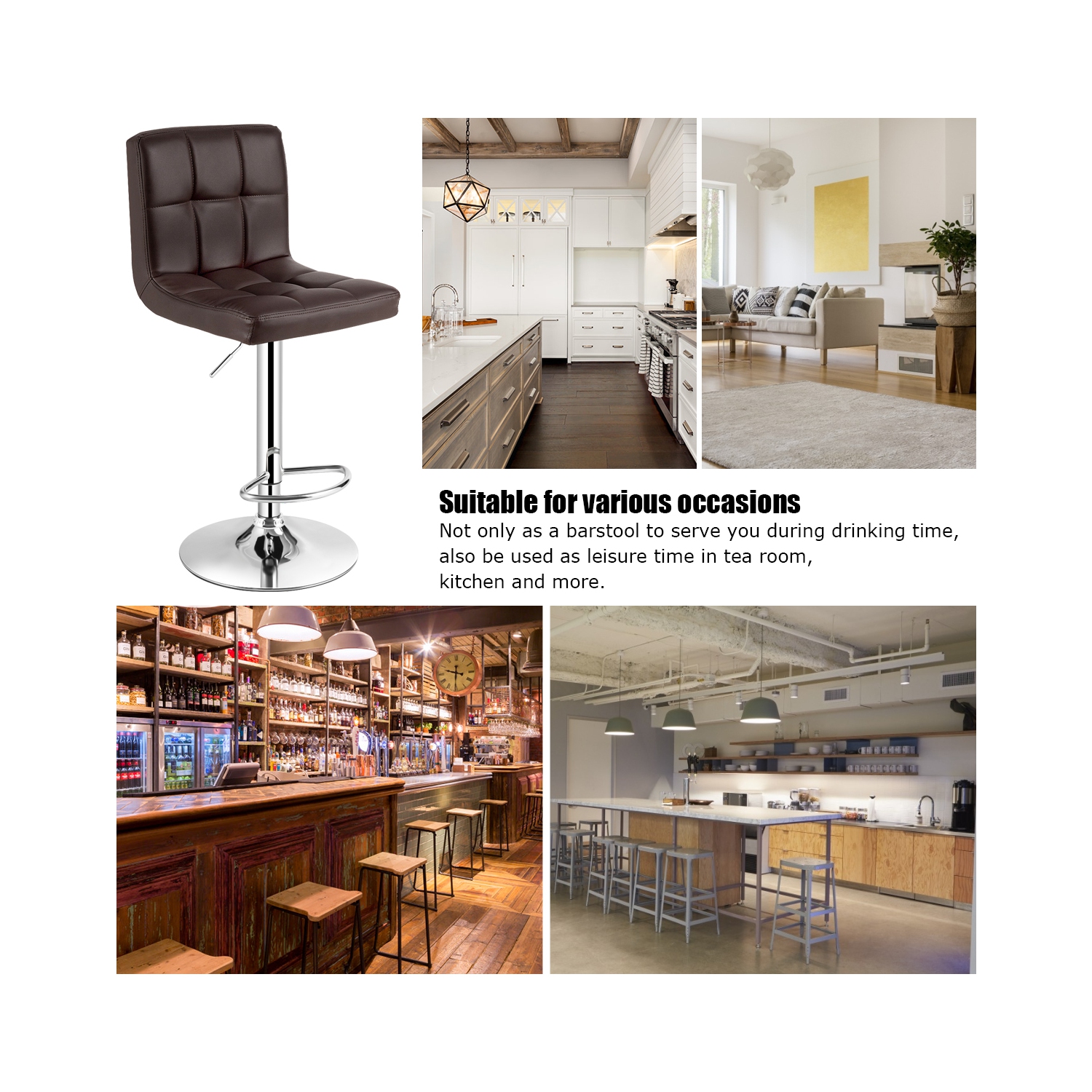 Costway Set of 2 Adjustable Bar Stools PU Leather Swivel Kitchen Counter Pub Chair