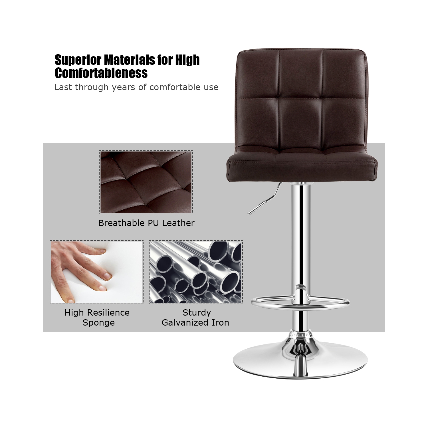 Costway Set of 2 Adjustable Bar Stools PU Leather Swivel Kitchen Counter Pub Chair