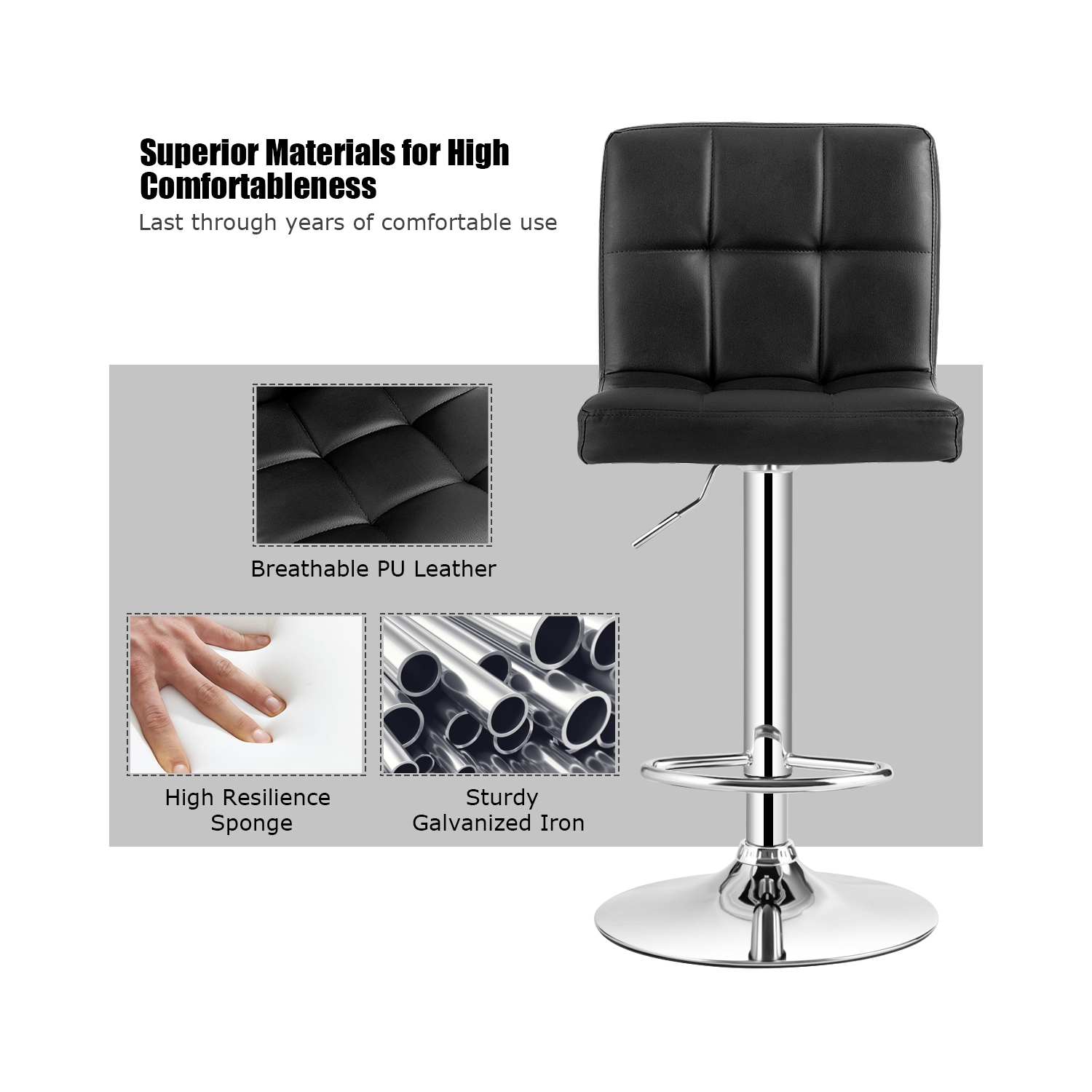 Costway Set of 2 Adjustable Bar Stools PU Leather Swivel Kitchen Counter Pub Chair