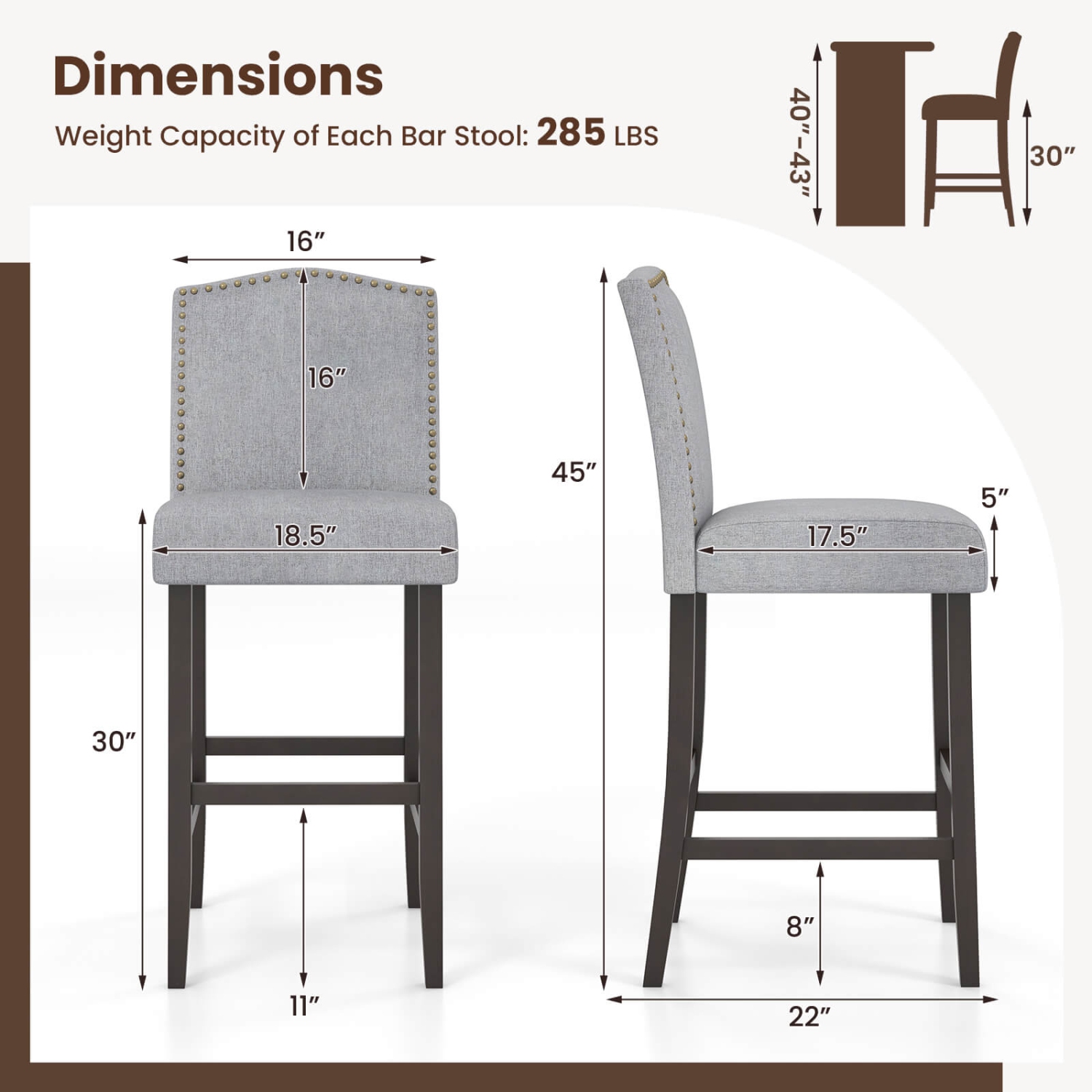 Ensemble de 2 tabourets de bar de 30&nbsp;po de Costway – Chaises de bar à tête de clou de petit-déjeuner grises