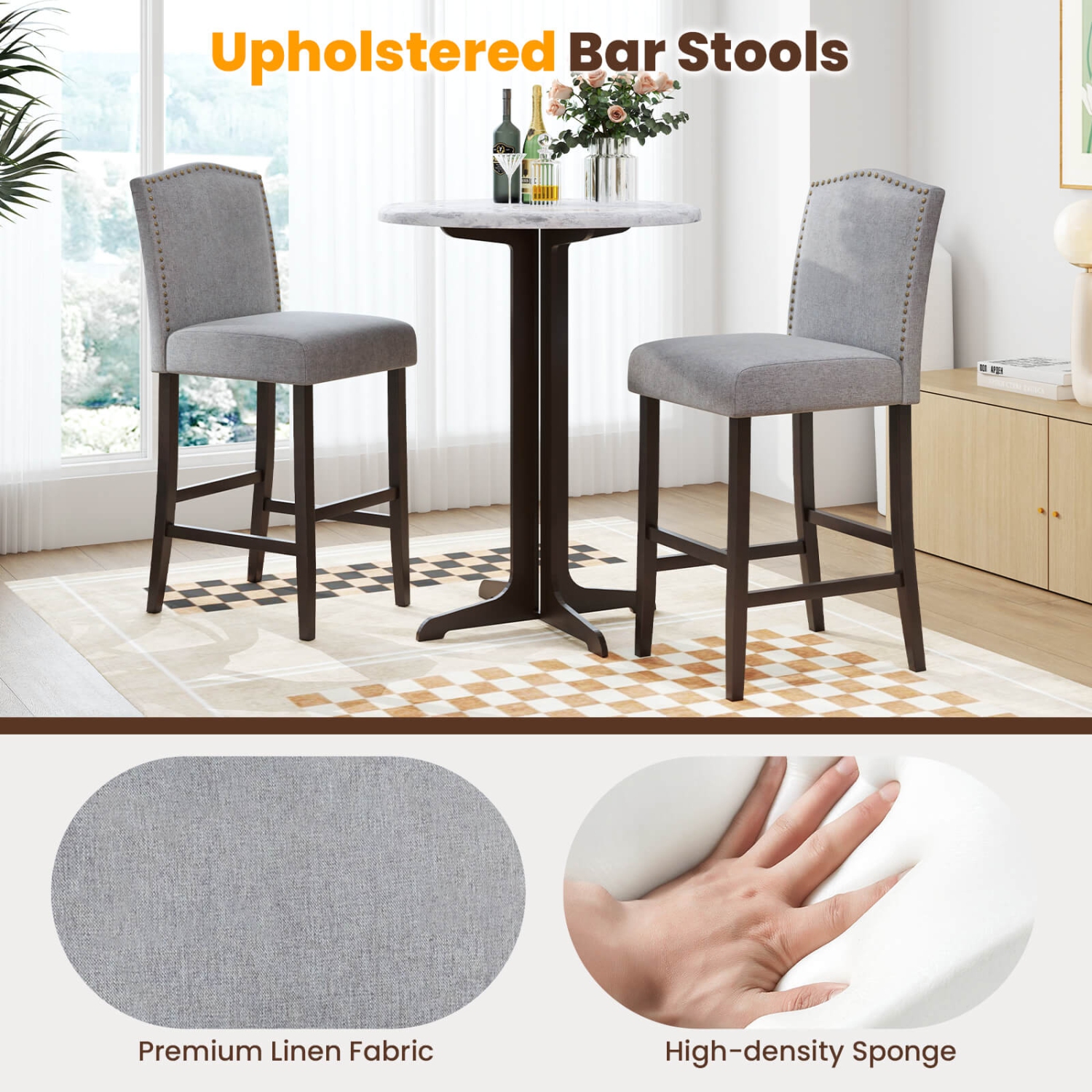 Ensemble de 2 tabourets de bar de 30&nbsp;po de Costway – Chaises de bar à tête de clou de petit-déjeuner grises