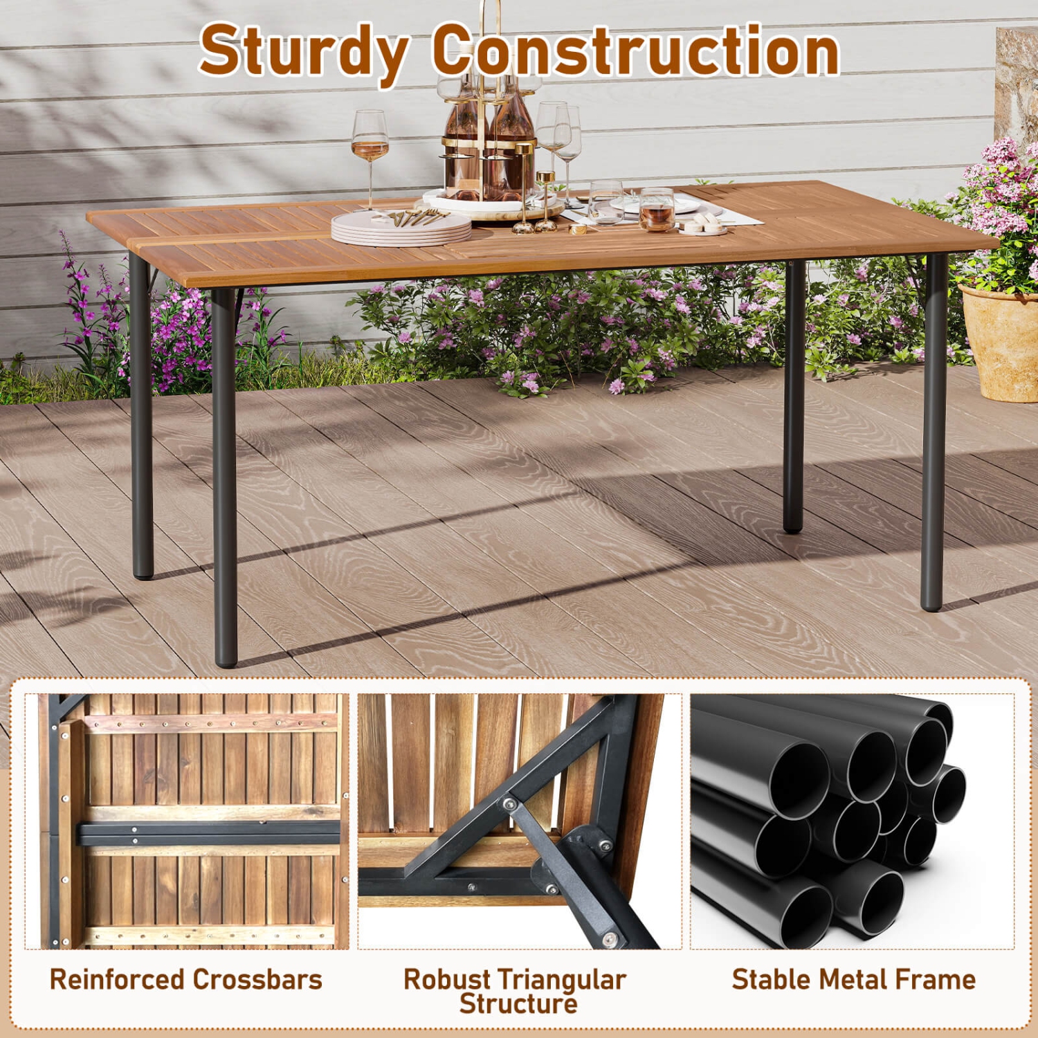 COSTWAY – Ensemble de Table à Manger à 7 éléments avec Plateau de Table en Bois et Emplacement pour Parasol