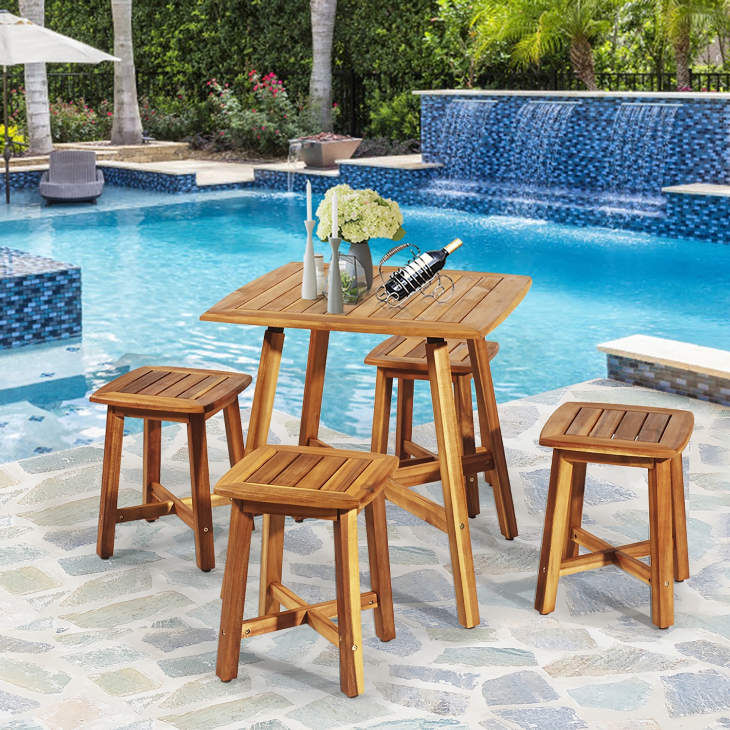 Costway 5PCS Acacia Patio Dining Set w/Square Table & 4 Stools