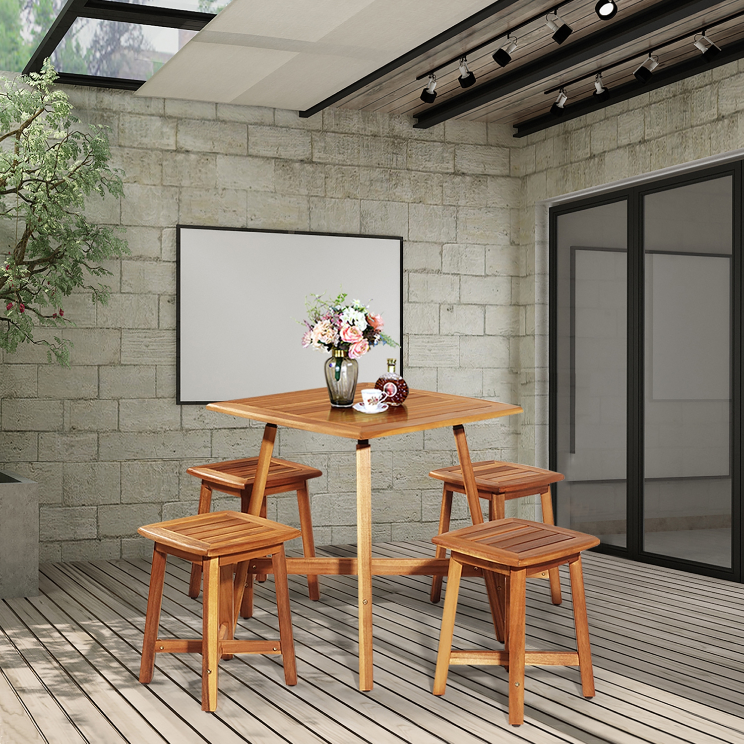 Costway 5PCS Acacia Patio Dining Set w/Square Table & 4 Stools