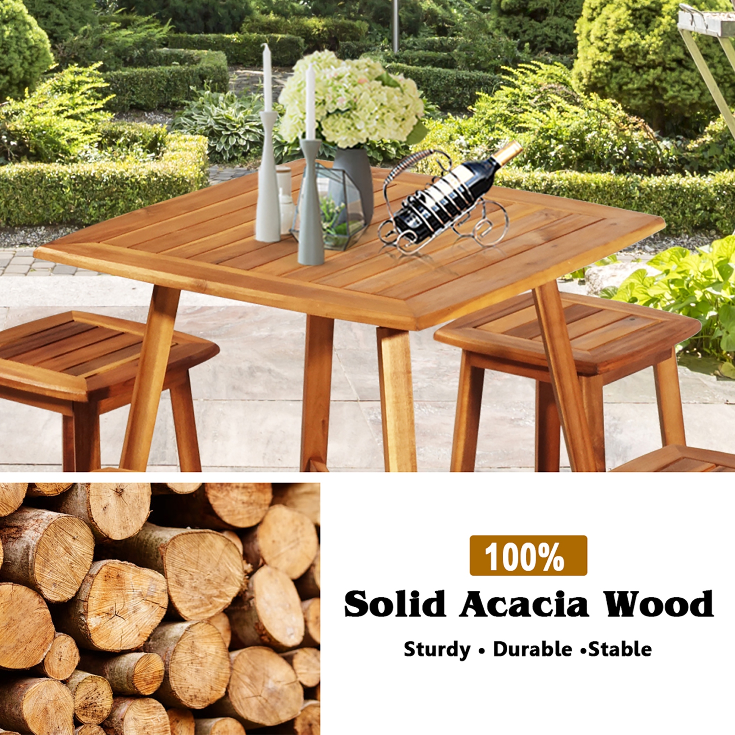 Costway 5PCS Acacia Patio Dining Set w/Square Table & 4 Stools
