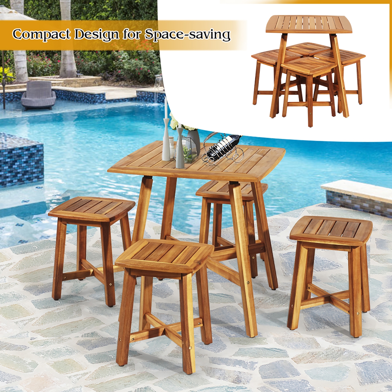 Costway 5PCS Acacia Patio Dining Set w/Square Table & 4 Stools