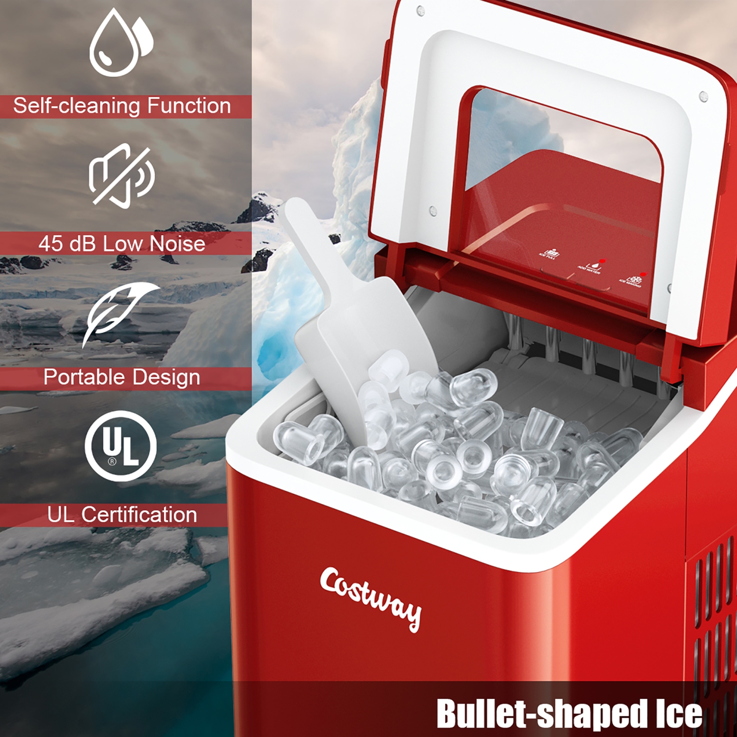 Costway Portable Ice Maker Machine Countertop 26Lbs/24H Self-cleaning w/ Scoop