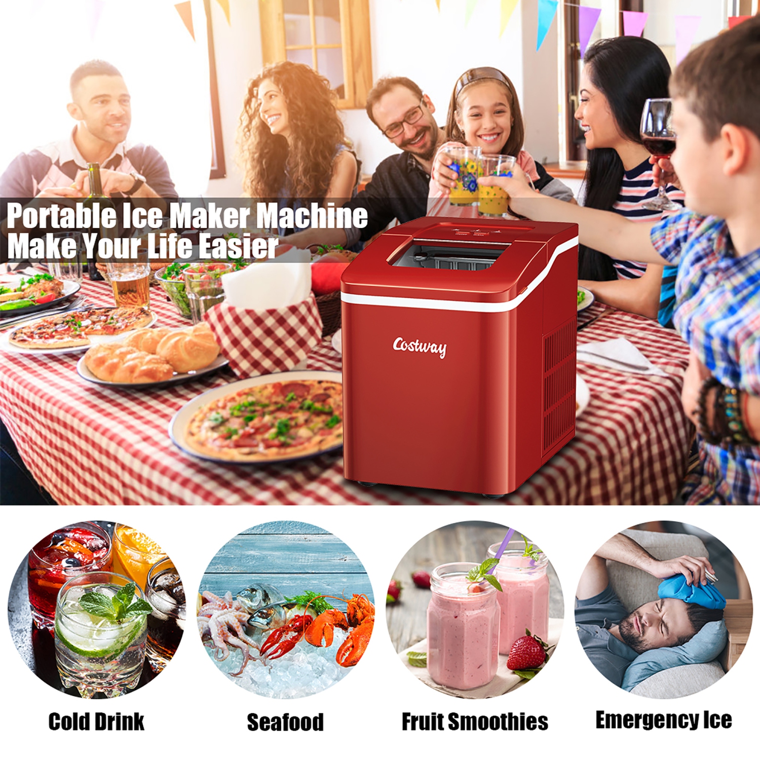 Costway Portable Ice Maker Machine Countertop 26Lbs/24H Self-cleaning w/ Scoop