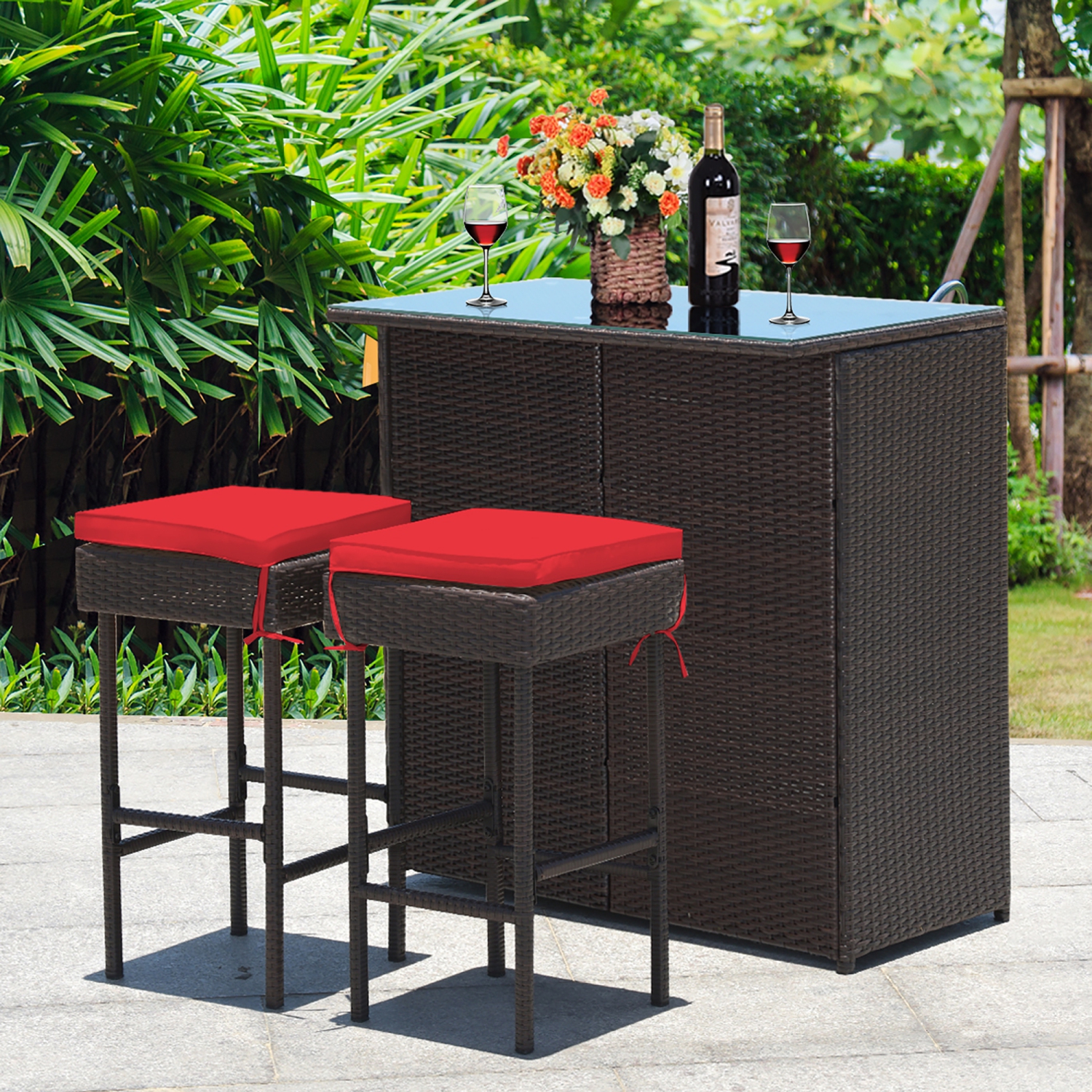 Costway 3PCS Patio Rattan Wicker Bar Table Stools Dining Set Cushioned Chairs Garden Red