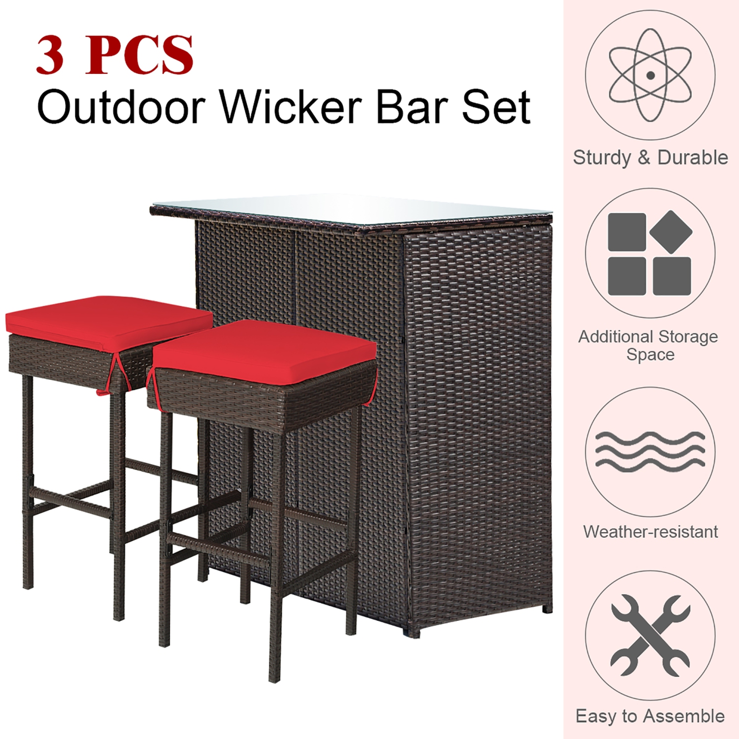 Costway 3PCS Patio Rattan Wicker Bar Table Stools Dining Set Cushioned Chairs Garden Red