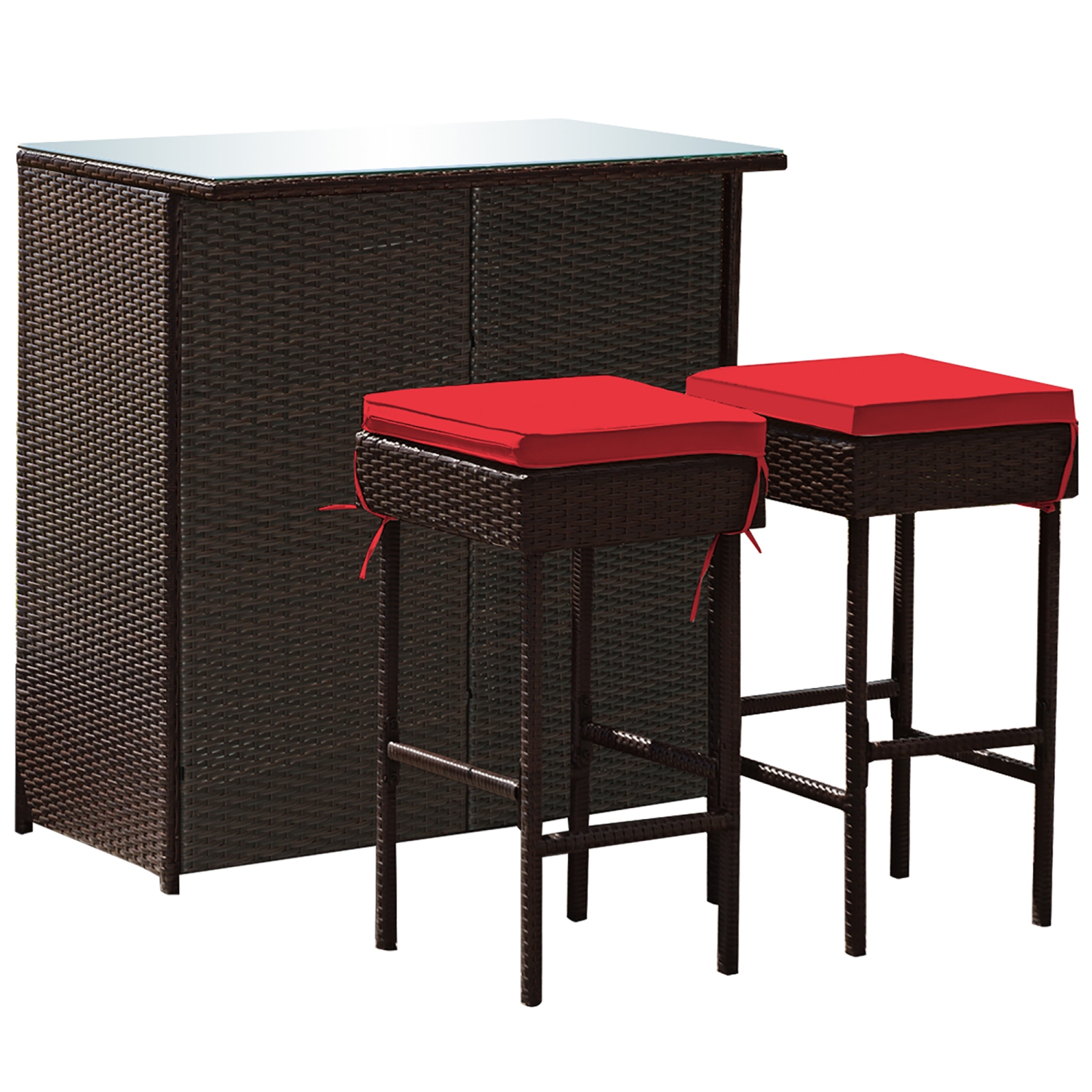 Costway 3PCS Patio Rattan Wicker Bar Table Stools Dining Set Cushioned Chairs Garden Red