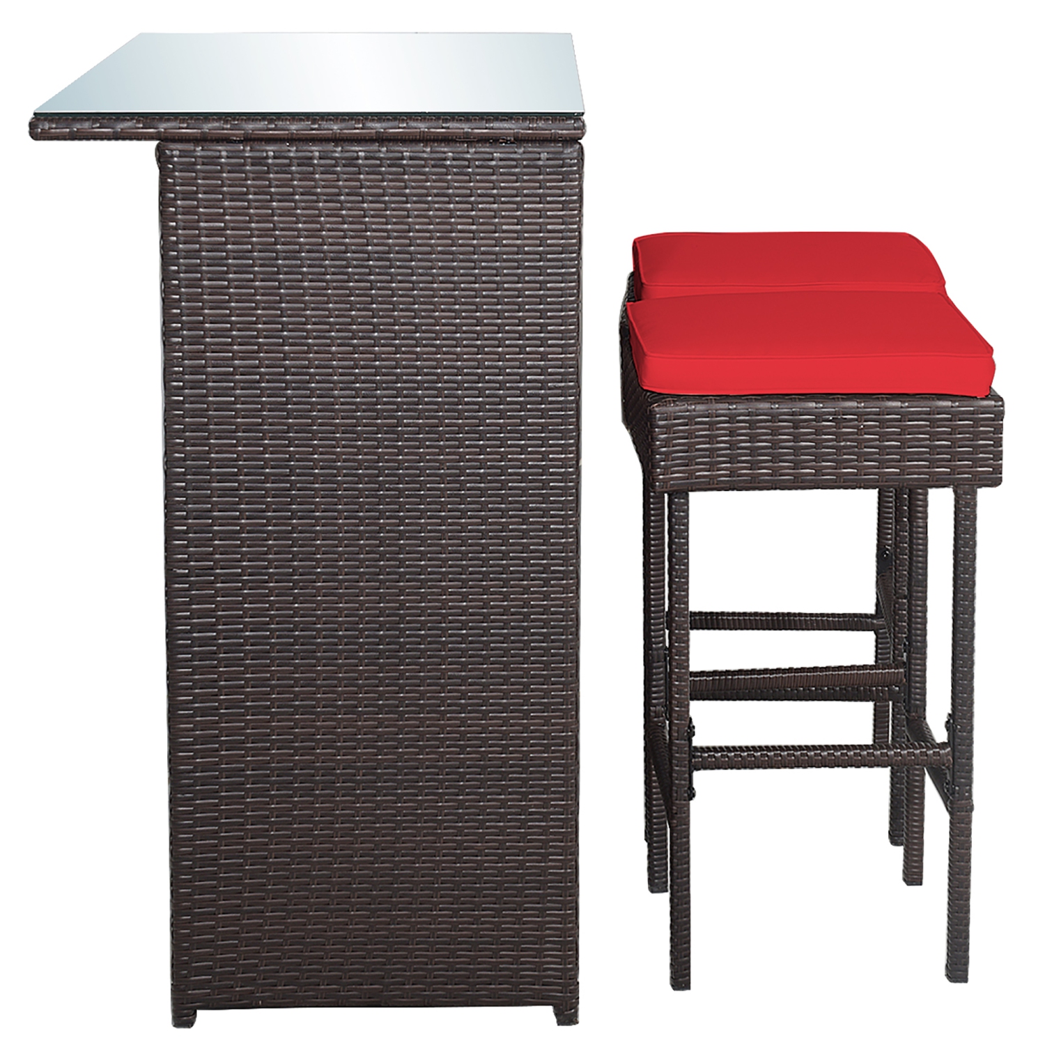 Costway 3PCS Patio Rattan Wicker Bar Table Stools Dining Set Cushioned Chairs Garden Red