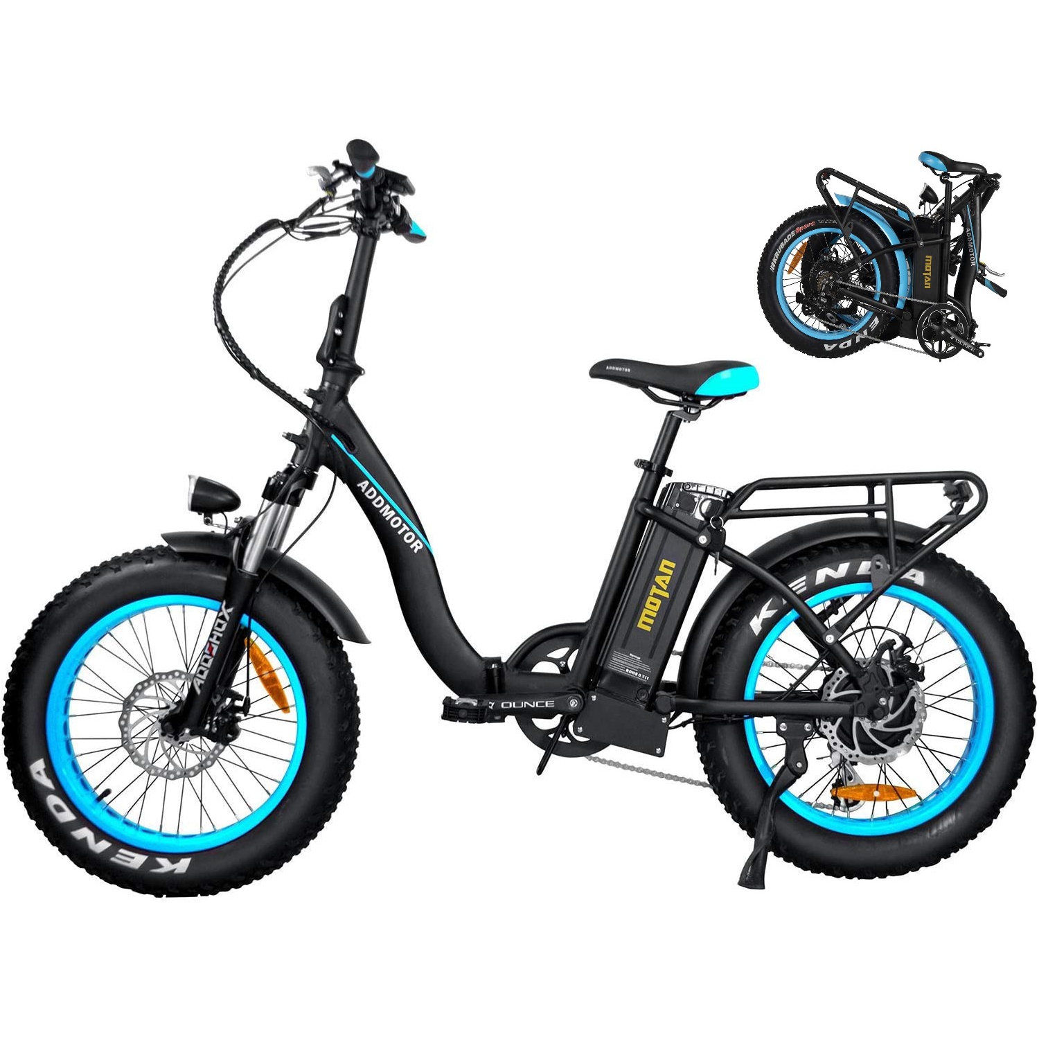 Addmotor M-140 P7 48V 16Ah 750W Electric Folding Bike, 20" Fat Tires E-Ride Adult Step-Thru Commuter City Foldable E-bike Bicycles with Lithium Battery with Large Capacity, Blue