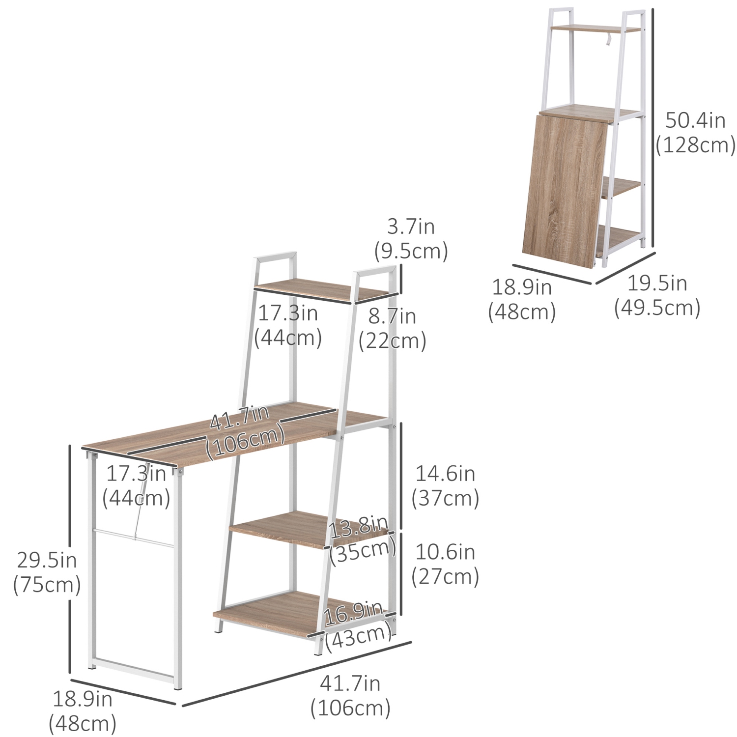 HOMCOM – Bureau d’ordinateur avec tablettes de rangement et table pliable, bureau de travail pour le bureau à domicile et l’étude, blanc, naturel