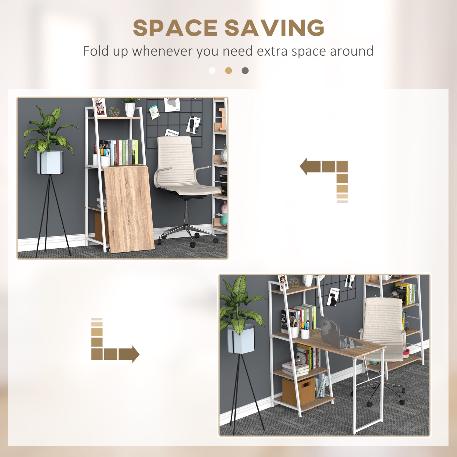 HOMCOM – Bureau d’ordinateur avec tablettes de rangement et table pliable, bureau de travail pour le bureau à domicile et l’étude, blanc, naturel