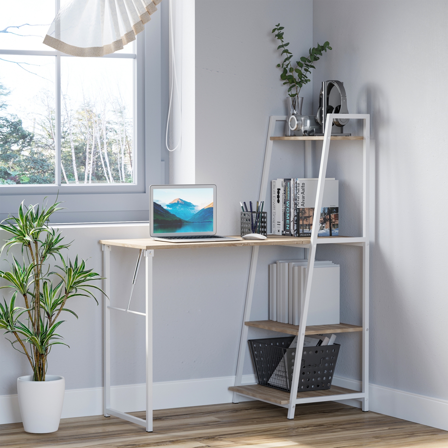 HOMCOM – Bureau d’ordinateur avec tablettes de rangement et table pliable, bureau de travail pour le bureau à domicile et l’étude, blanc, naturel