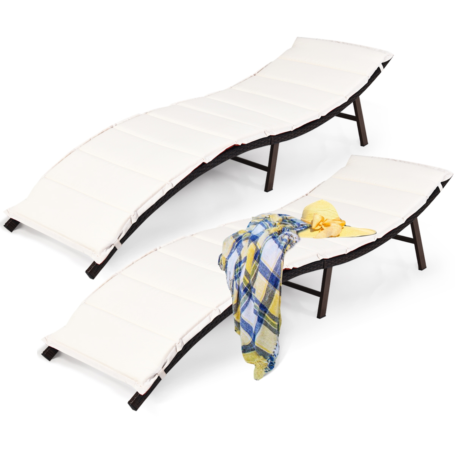Costway 2PCS Patio Rattan Folding Lounge Chair Stackable Double Sided Cushion