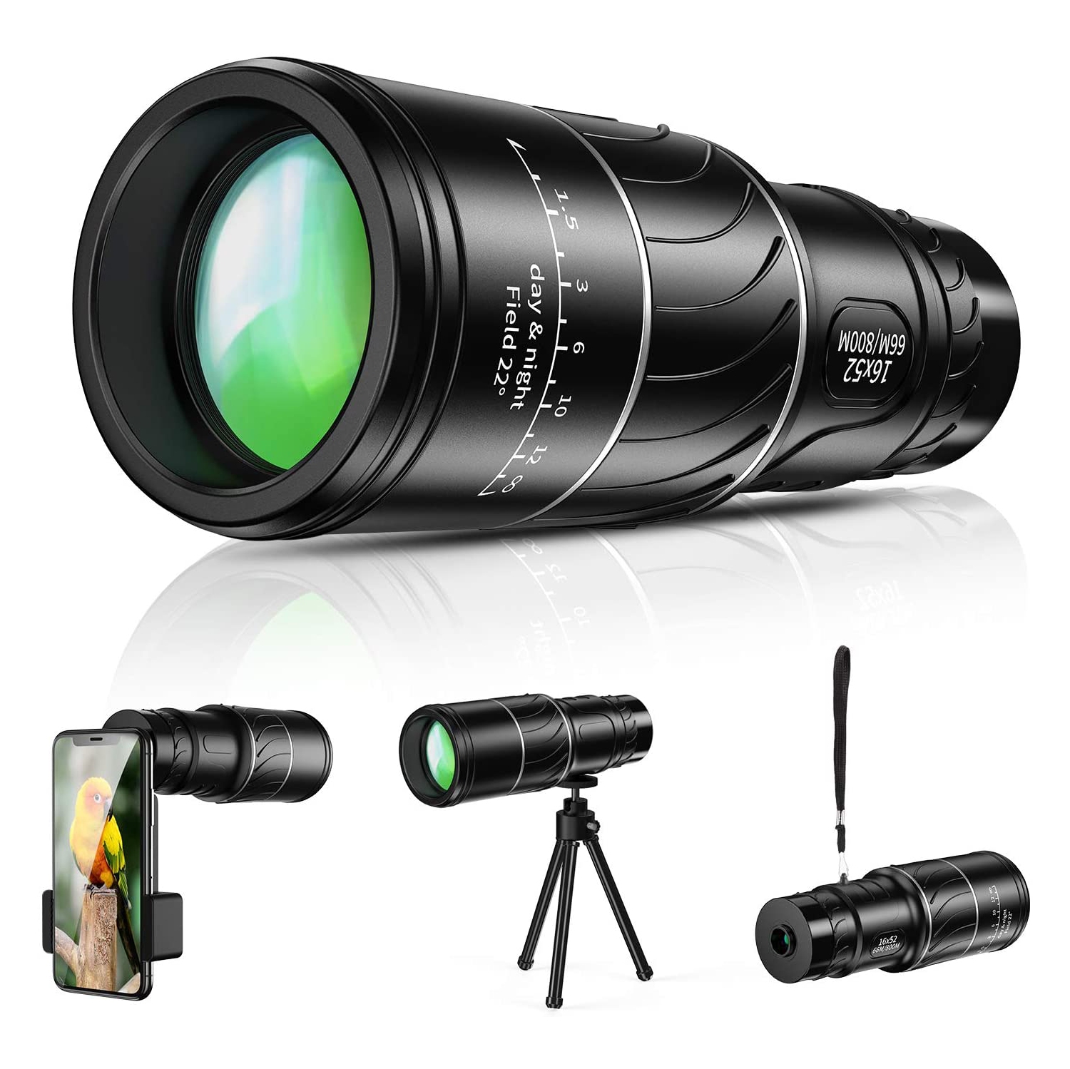 Monocular Telescope, 16x52 High Power BAK4 HD Monocular with Smartphone Holder Tripod for Adults Waterproof Night