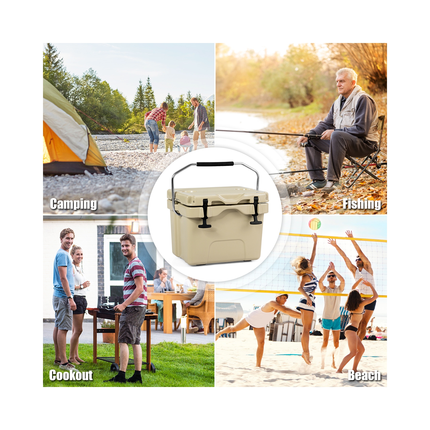 Costway 16 Quart Cooler Portable Ice Chest Leak-Proof 24 Cans Ice Box for Camping Khaki